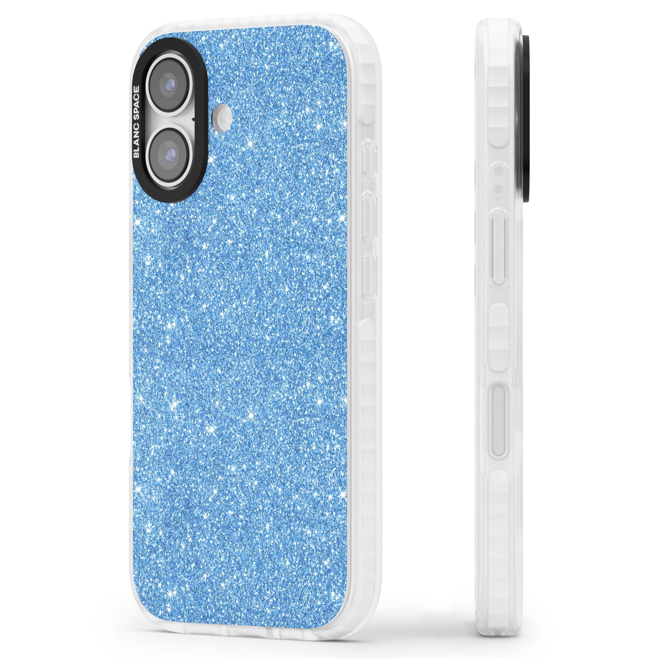 Blue Glitter blue glitter iPhone case featuring dense sparkling cerulean glitter with a glamorous shimmering finish | Impact Magsafe case for iPhone 17