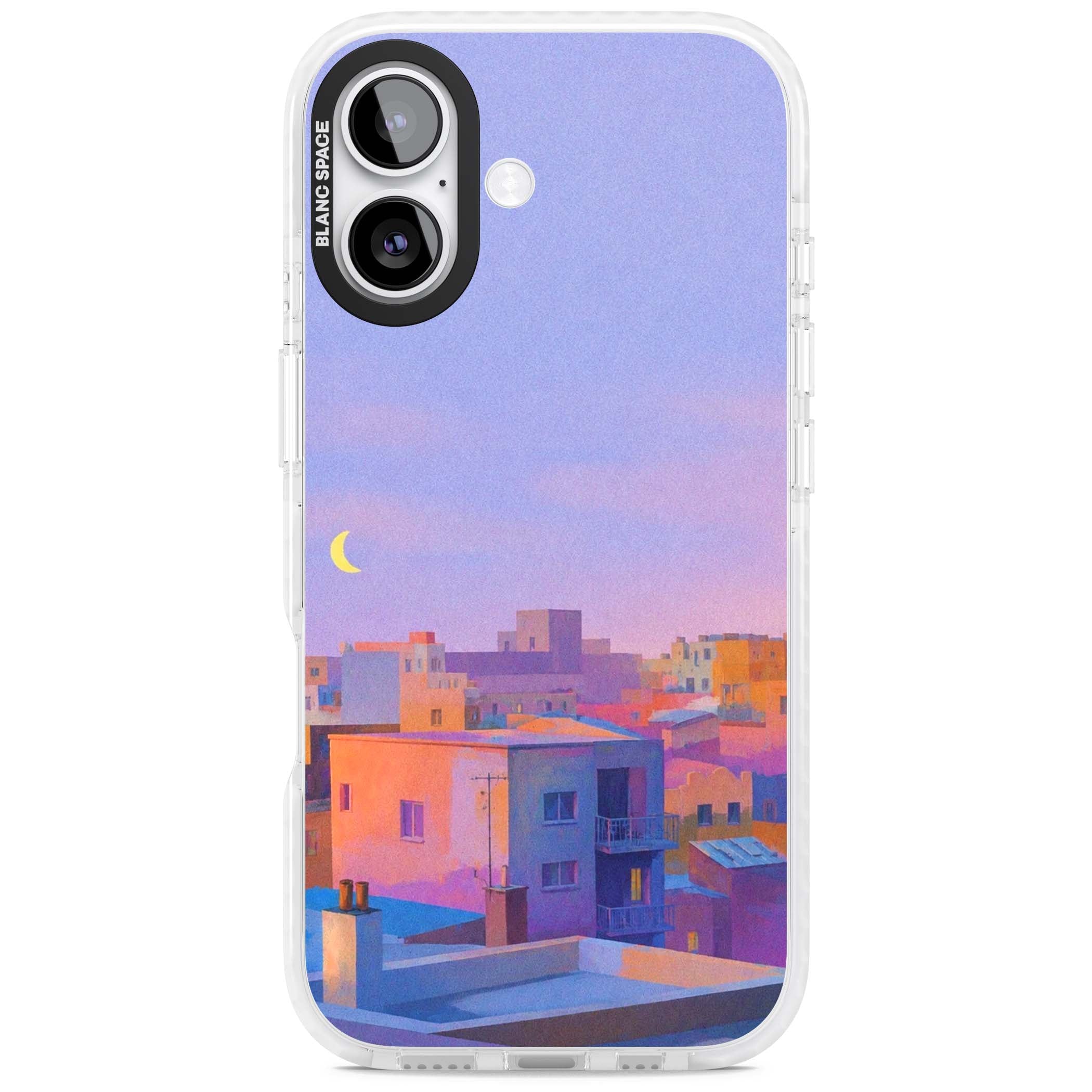 Twilight Rooftops vaporwave iPhone case featuring a pastel sunset cityscape, painted rooftops and a crescent moon. | Impact Magsafe case for iPhone 17