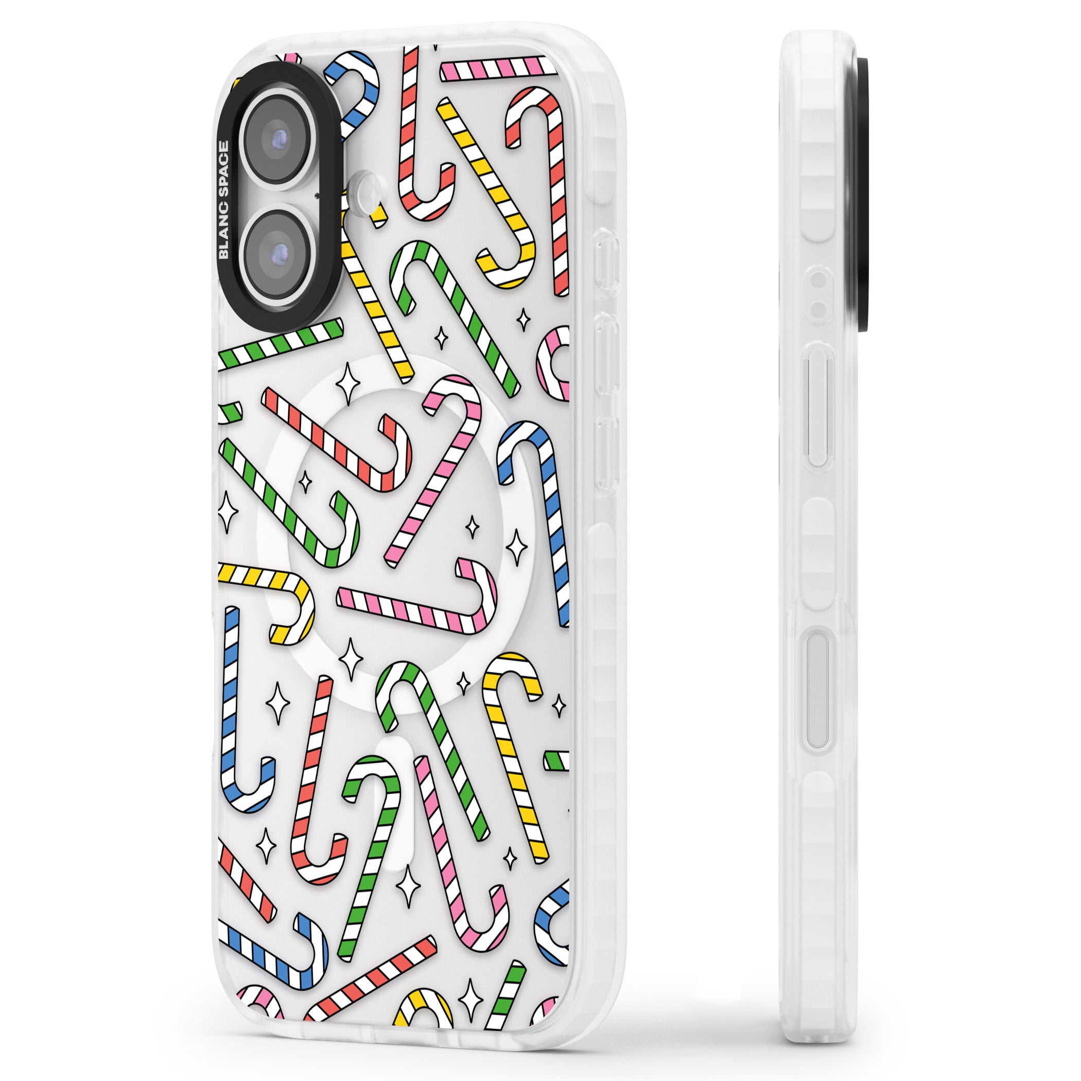 Colourful Stars & Candy Canes iPhone 17 Impact Pro Clear Phone Case Side Profile