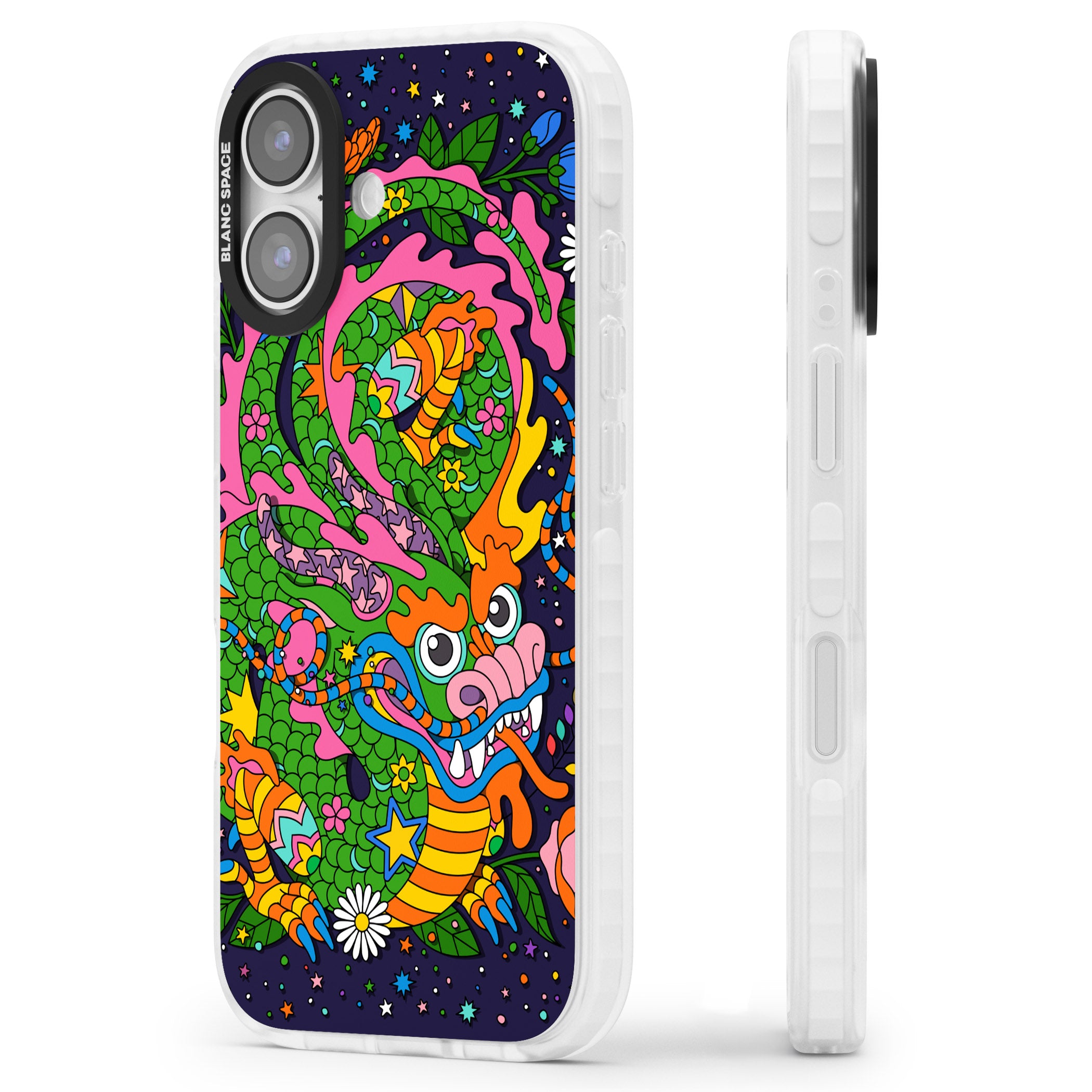 Psychedelic Jungle Dragon (Purple) iPhone 17 Impact Pro Clear Phone Case Side Profile
