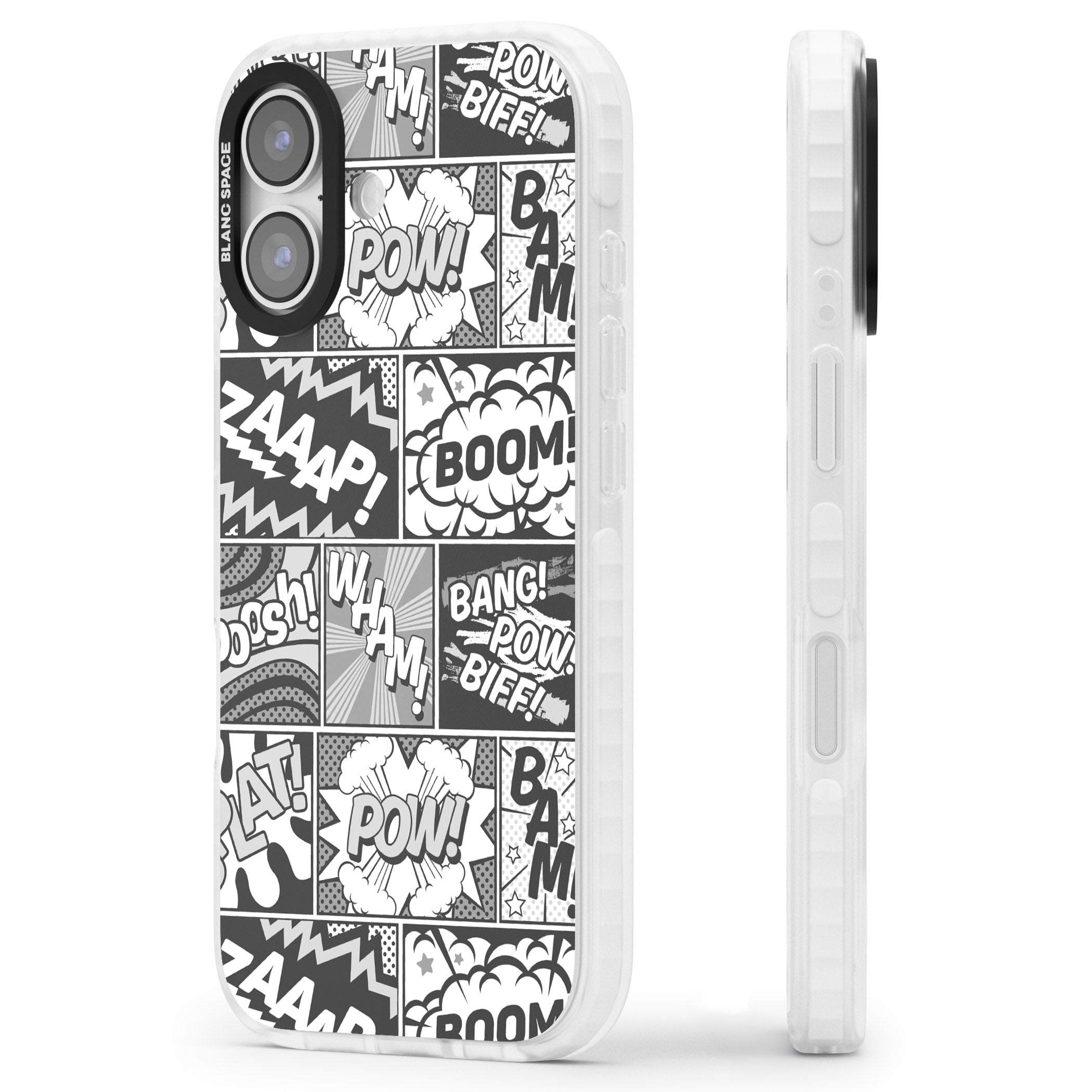 Onomatopoeia (Black & White) iPhone 17 Impact Pro Clear Phone Case Side Profile