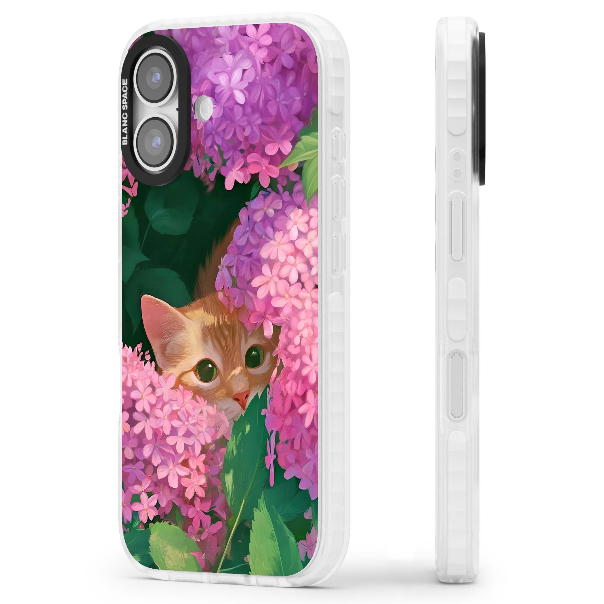 Cat In Pink Flowers cottagecore iPhone case featuring a ginger kitten peeking through lilac and pink hydrangea flo | Impact Magsafe case for iPhone 17