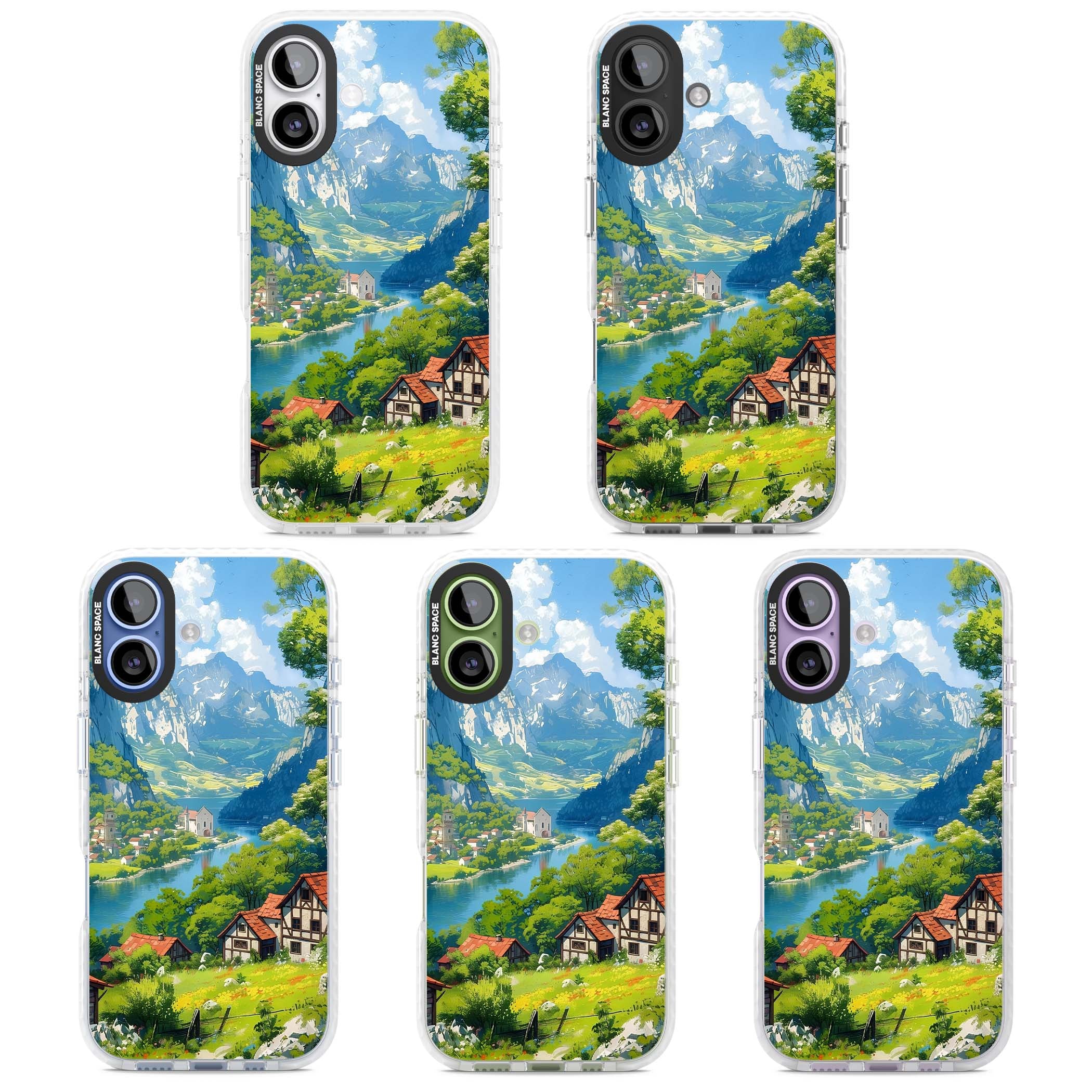 Village In The Valley anime iPhone case featuring a painted mountain village, river valley and half-timbered cottages. | Impact Magsafe case for iPhone 17
