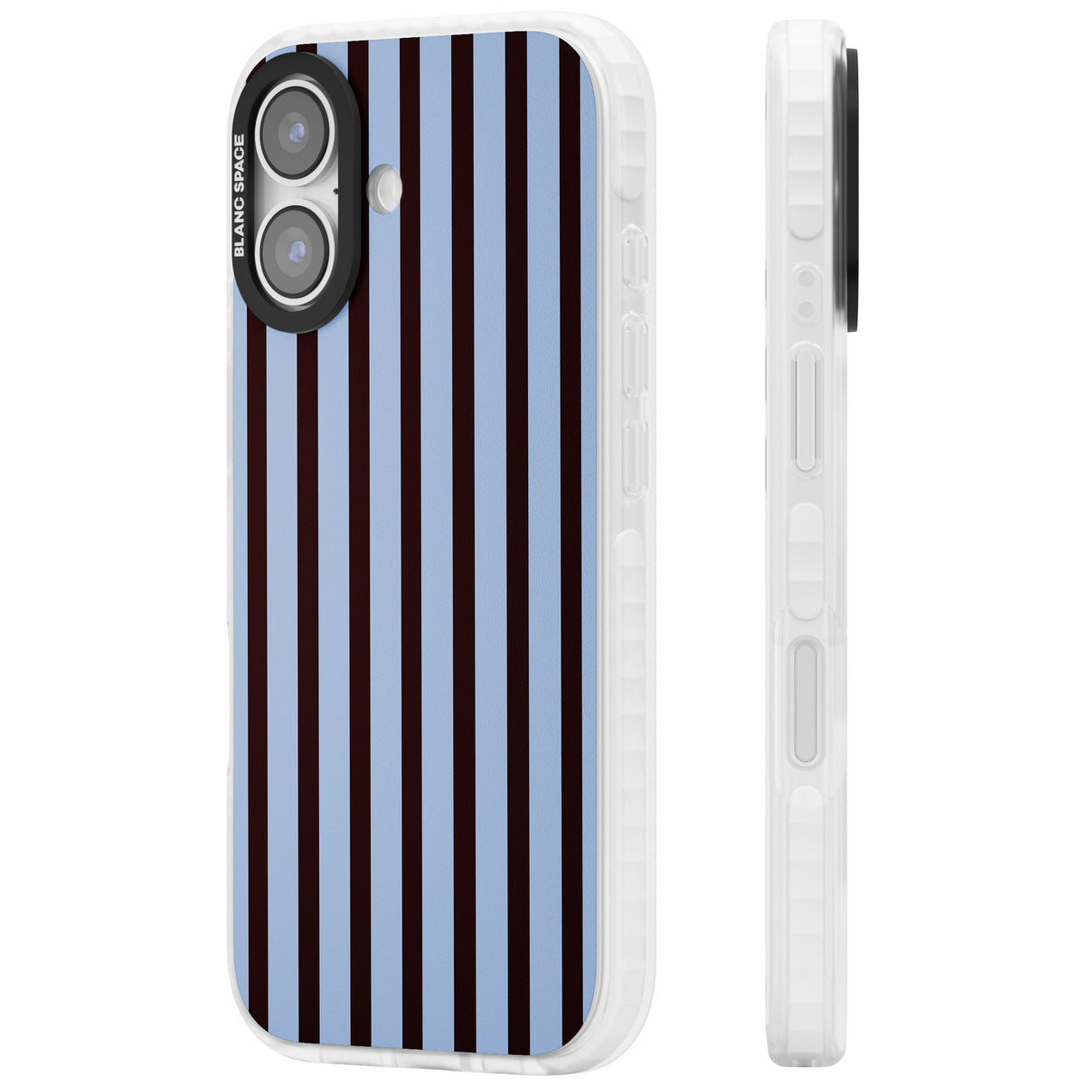 Blackcurrant Stripe preppy iPhone case featuring vertical burgundy and light blue stripes in a classic pinstripe layout iPhone 16 / iPhone 16 Plus / iPhone 17 Impact Pro Clear Phone Case side