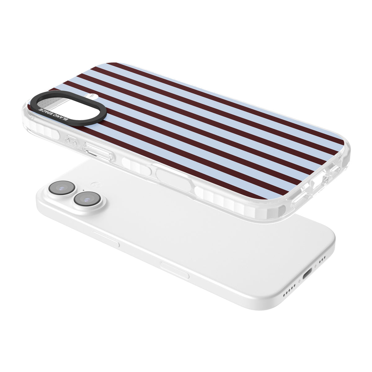 Blackcurrant Stripe preppy iPhone case featuring vertical burgundy and light blue stripes in a classic pinstripe layout iPhone 16 / iPhone 16 Plus / iPhone 17 Impact Pro Clear Phone Case angled