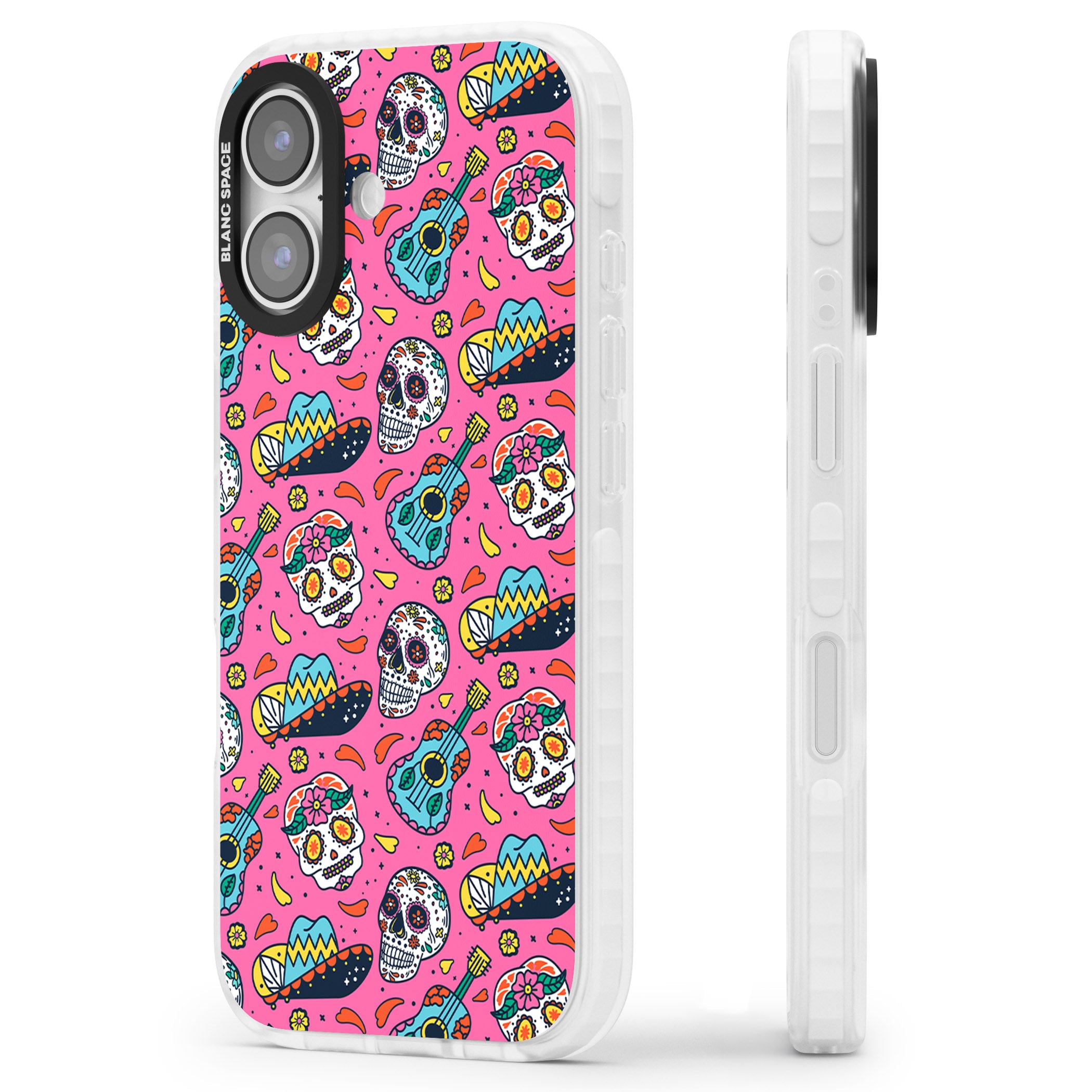Pink Day Of The Dead Pattern iPhone 17 Impact Pro Clear Phone Case Side Profile