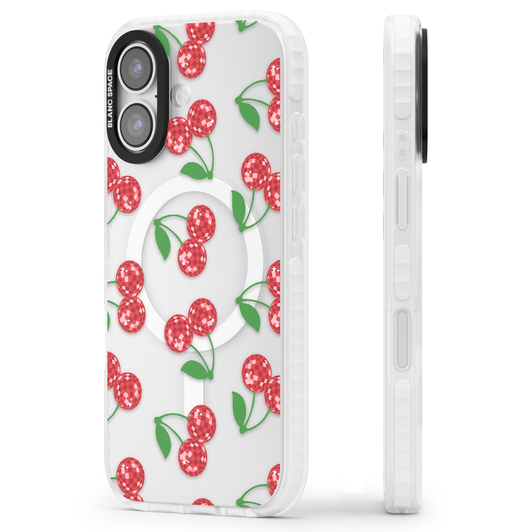 Disco Cherry Pattern iPhone 17 Impact Pro Clear Phone Case Side Profile