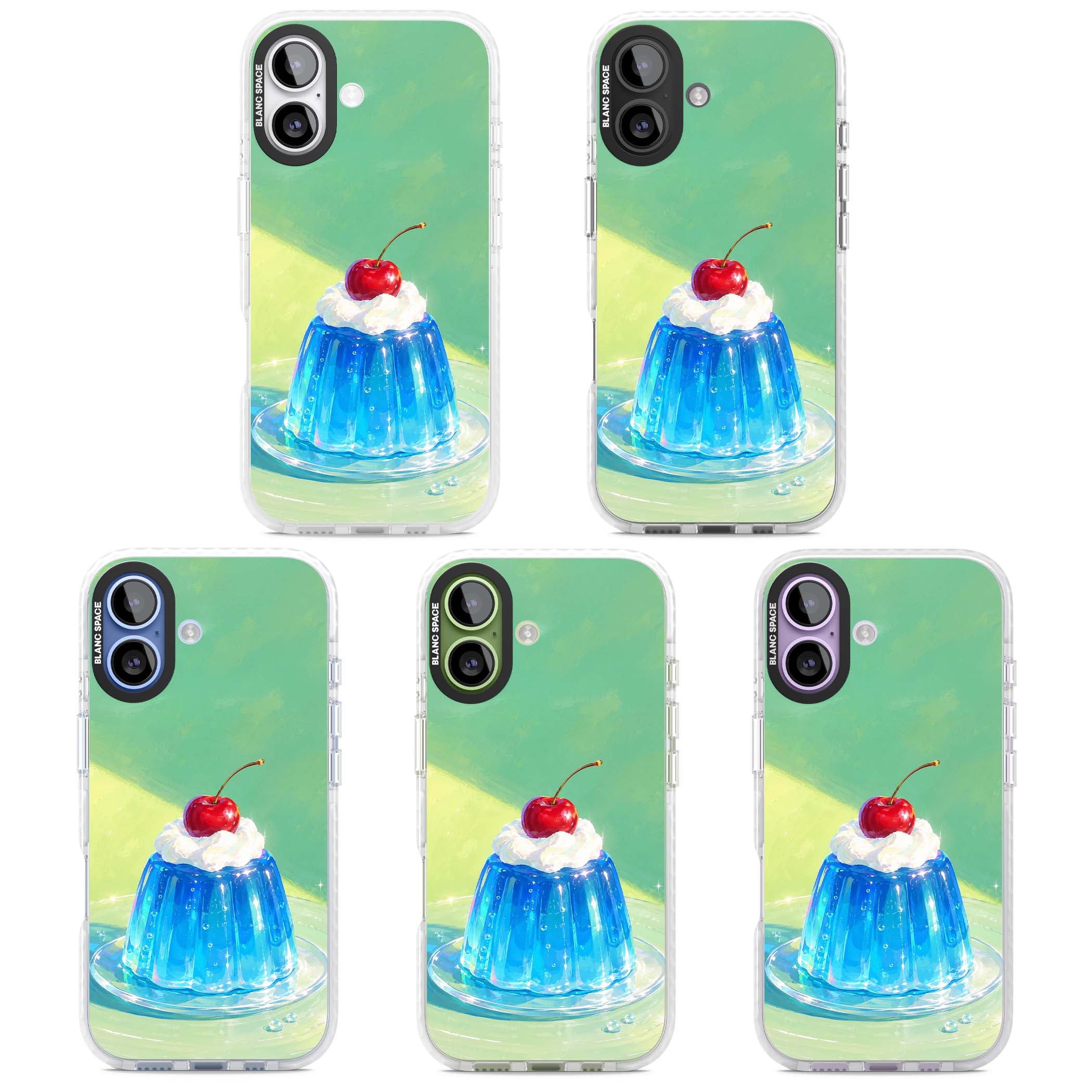 Cherry Jelly kawaii dessert iPhone case featuring blue jelly pudding, whipped cream and a red cherry | Impact Magsafe case for iPhone 17