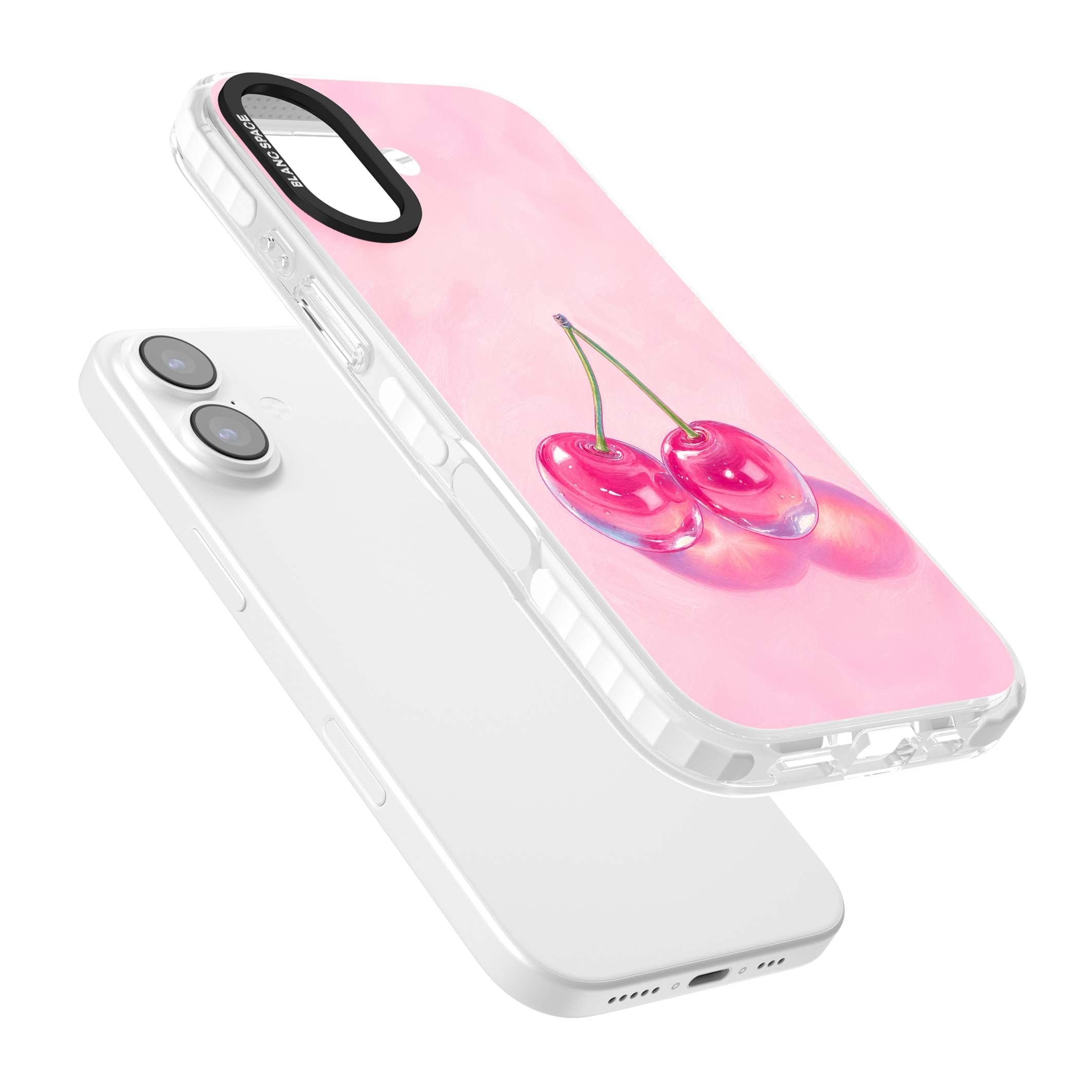 Pink Glass Cherry coquette iPhone case featuring two glossy painted cherries on a soft pink background | Impact Magsafe case for iPhone 17