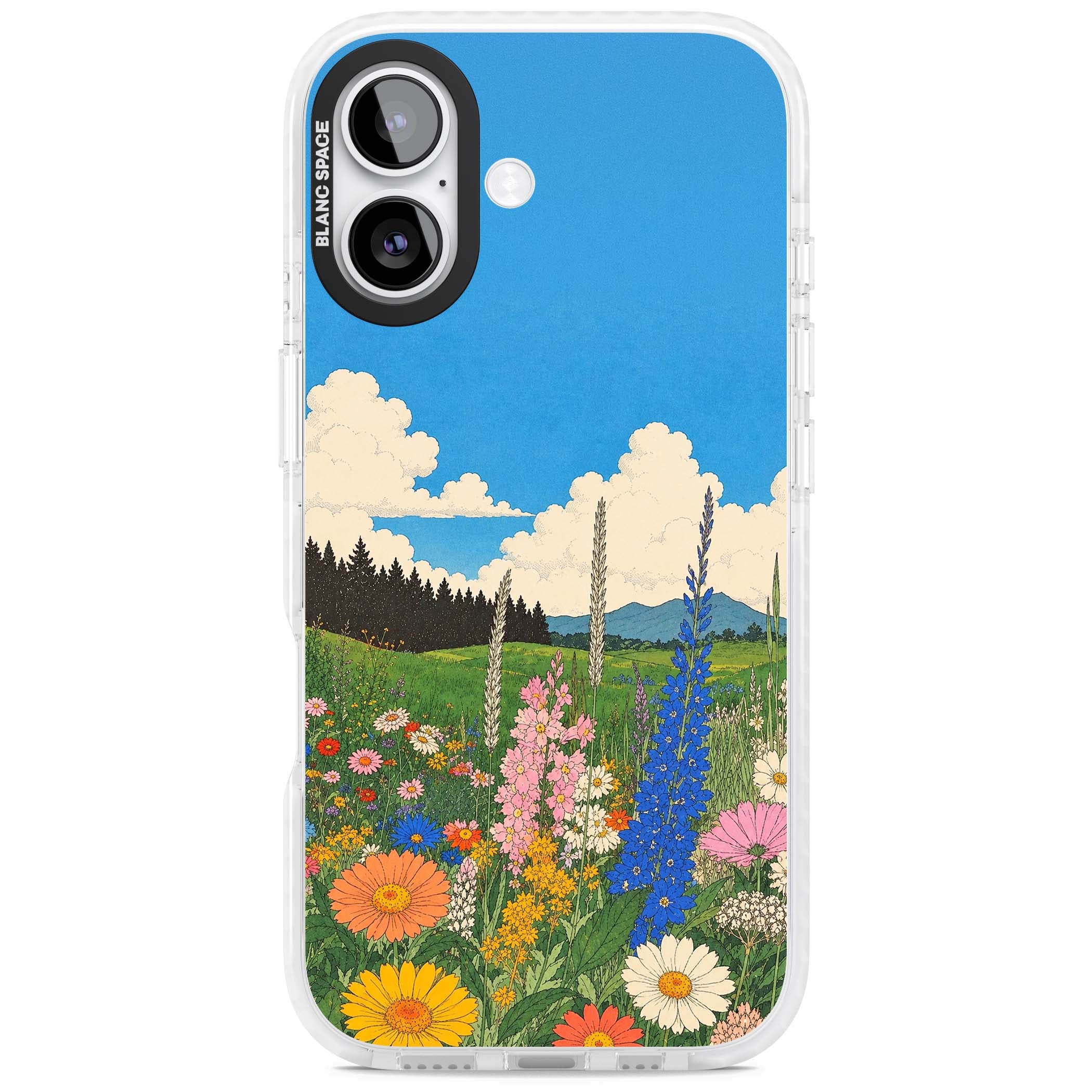Wildbloom wildflower iPhone case featuring a vintage Japanese-style meadow landscape with daisies, delphiniums and moun | Impact Magsafe case for iPhone 17