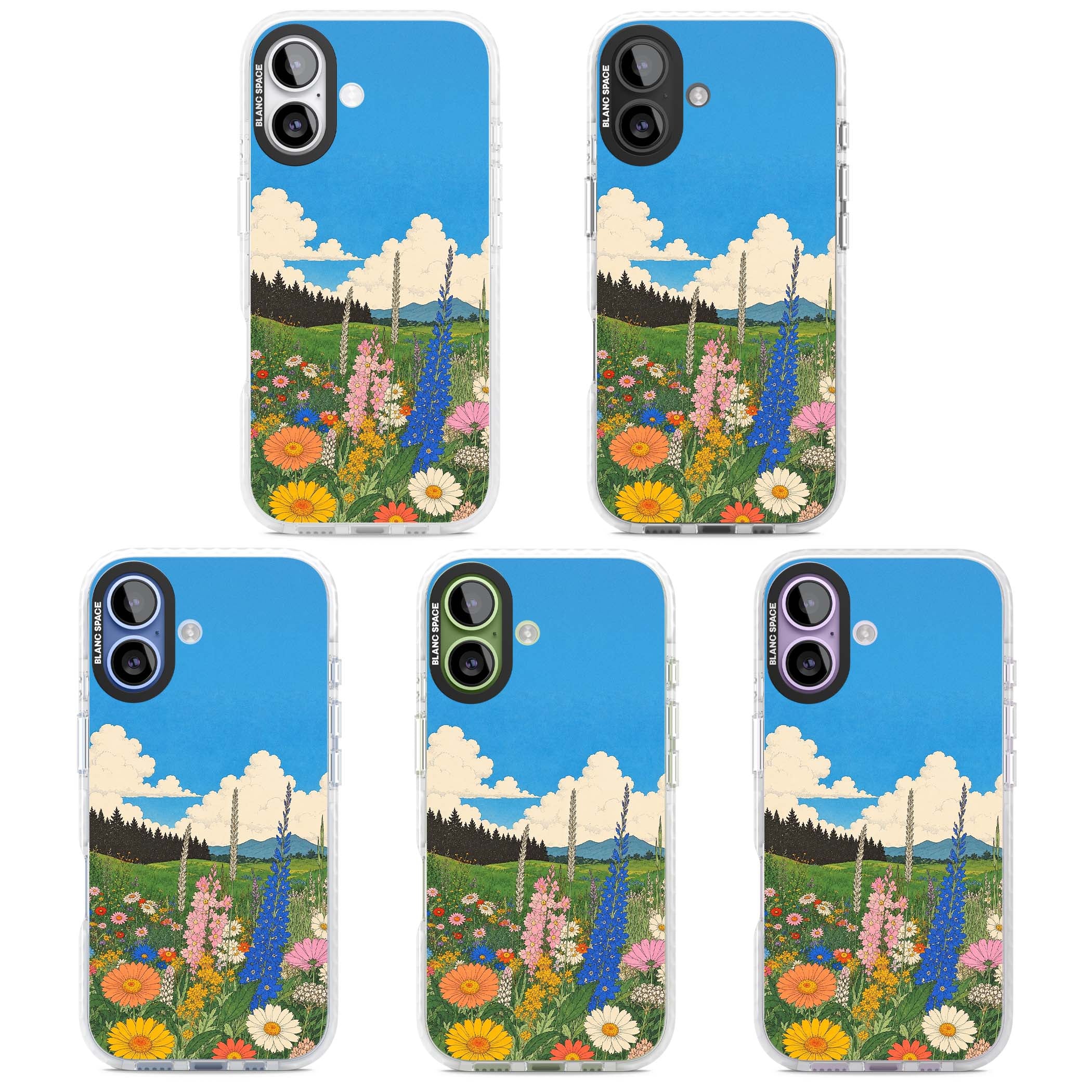Wildbloom wildflower iPhone case featuring a vintage Japanese-style meadow landscape with daisies, delphiniums and moun | Impact Magsafe case for iPhone 17