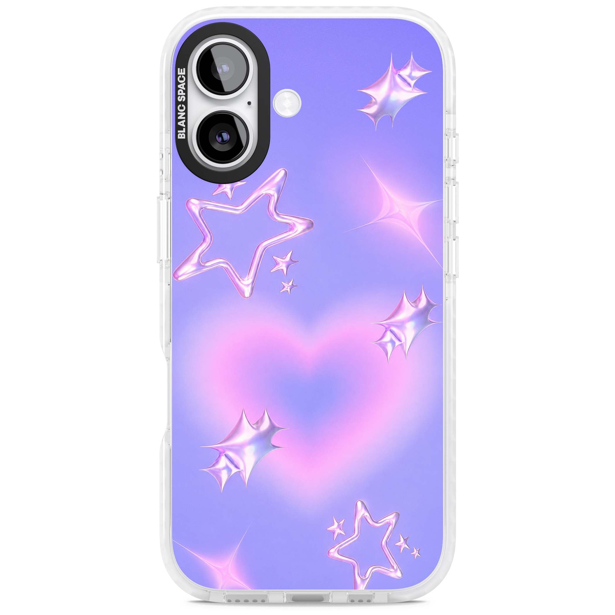 Soft Sugar Y2K iPhone case featuring iridescent chrome hearts, metallic pink stars and a lavender gradient sky | Impact Magsafe case for iPhone 17