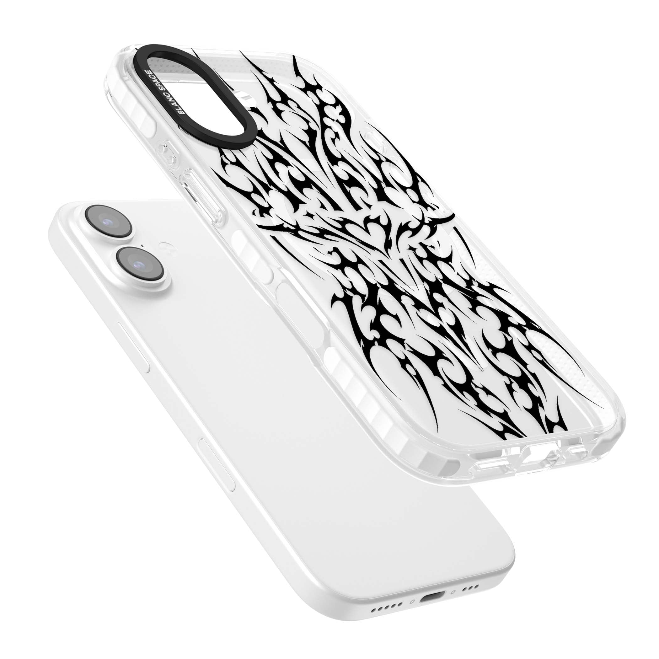 Neo Tribal Heart gothic iPhone case featuring symmetrical black tribal tattoo art with sharp thorn-like linework | Impact Magsafe case for iPhone 17
