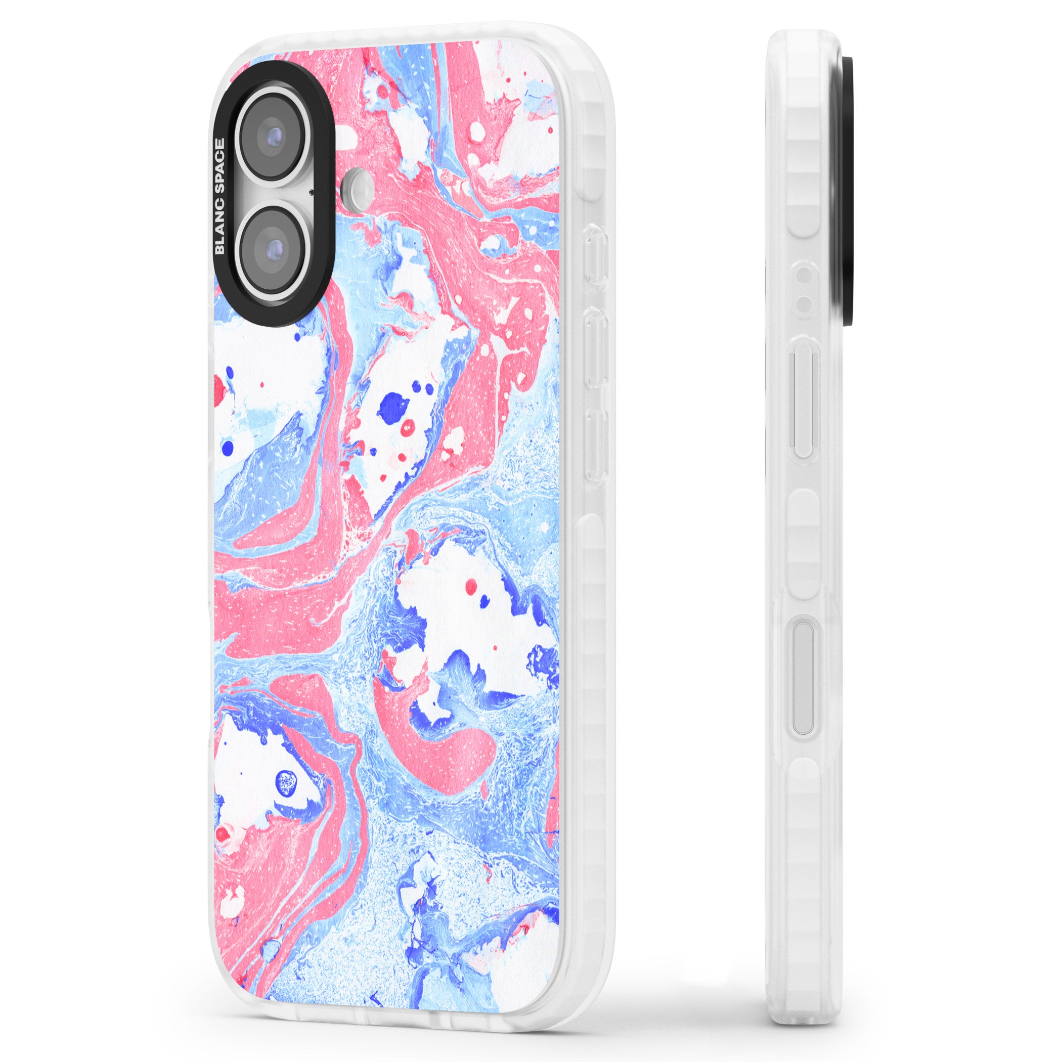 Pink, Blue & White Marbled Paper Pattern iPhone 17 Impact Clear Phone Case Side Profile