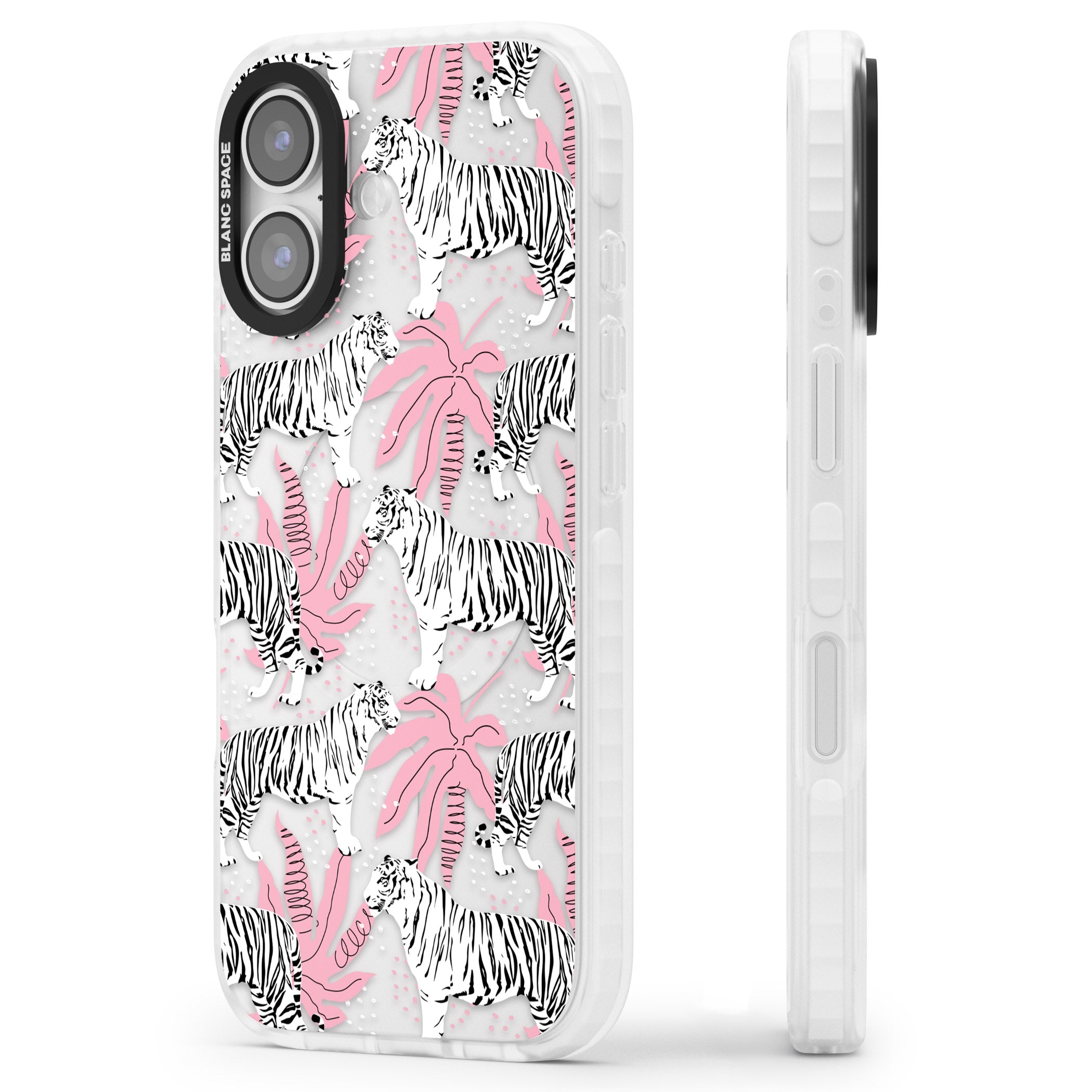 Pink & White Tropical Tigers iPhone 17 Impact Clear Phone Case Side Profile