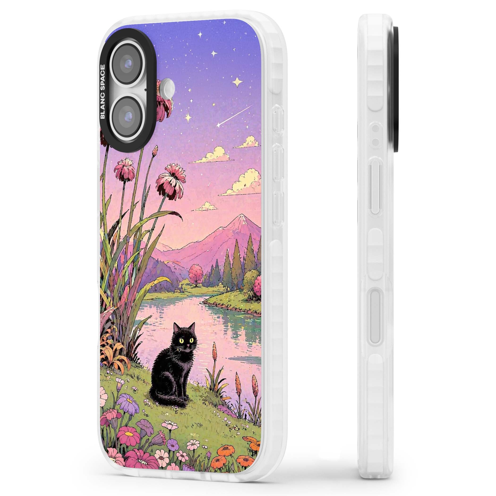 Mystic Whiskers ghibli iPhone case featuring a black cat by a pastel lake, wildflowers and a starry sunset sky | Black Impact case for iPhone 17