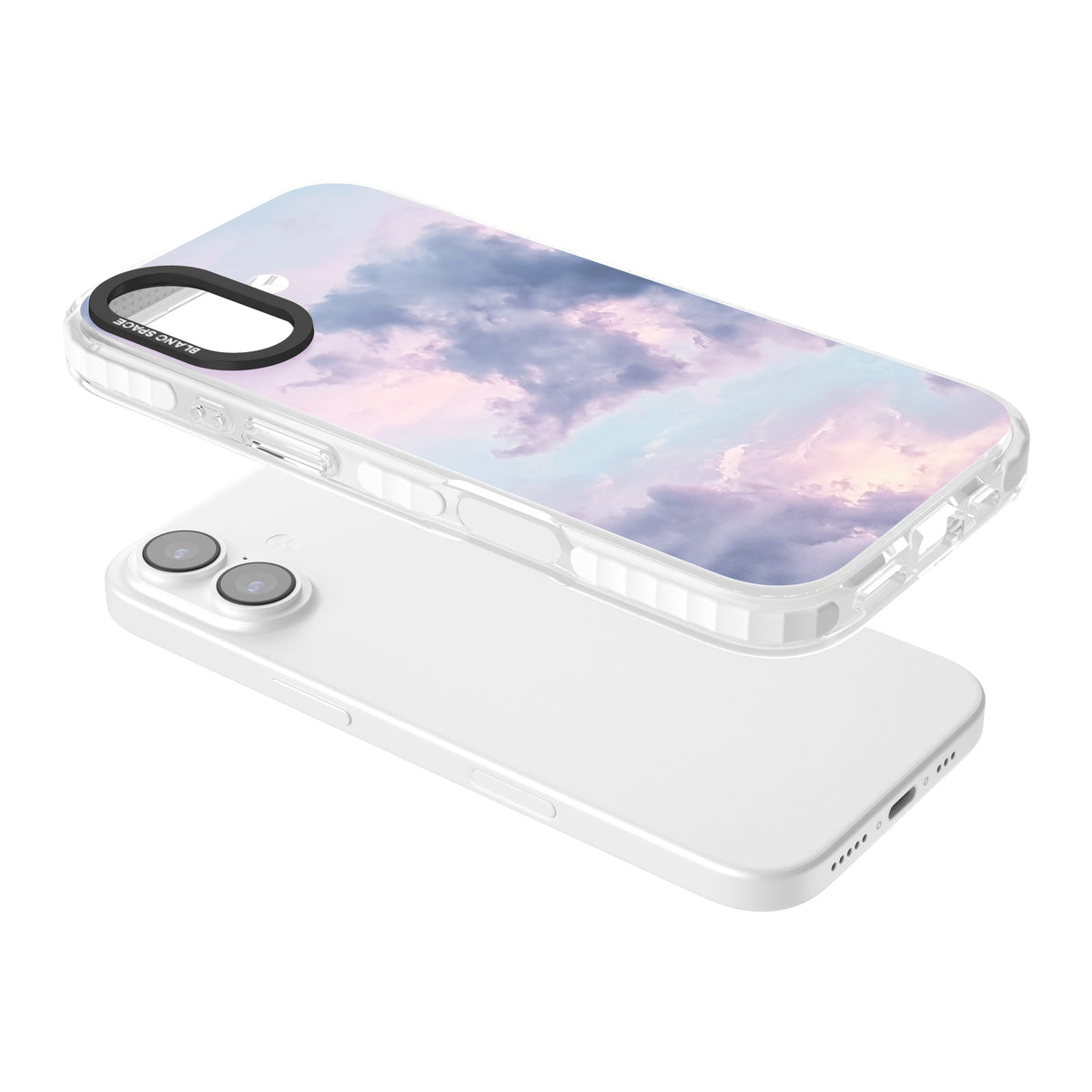 Lavender Clouds iPhone 16 / iPhone 16 Plus / iPhone 17 Impact Clear Phone Case angled