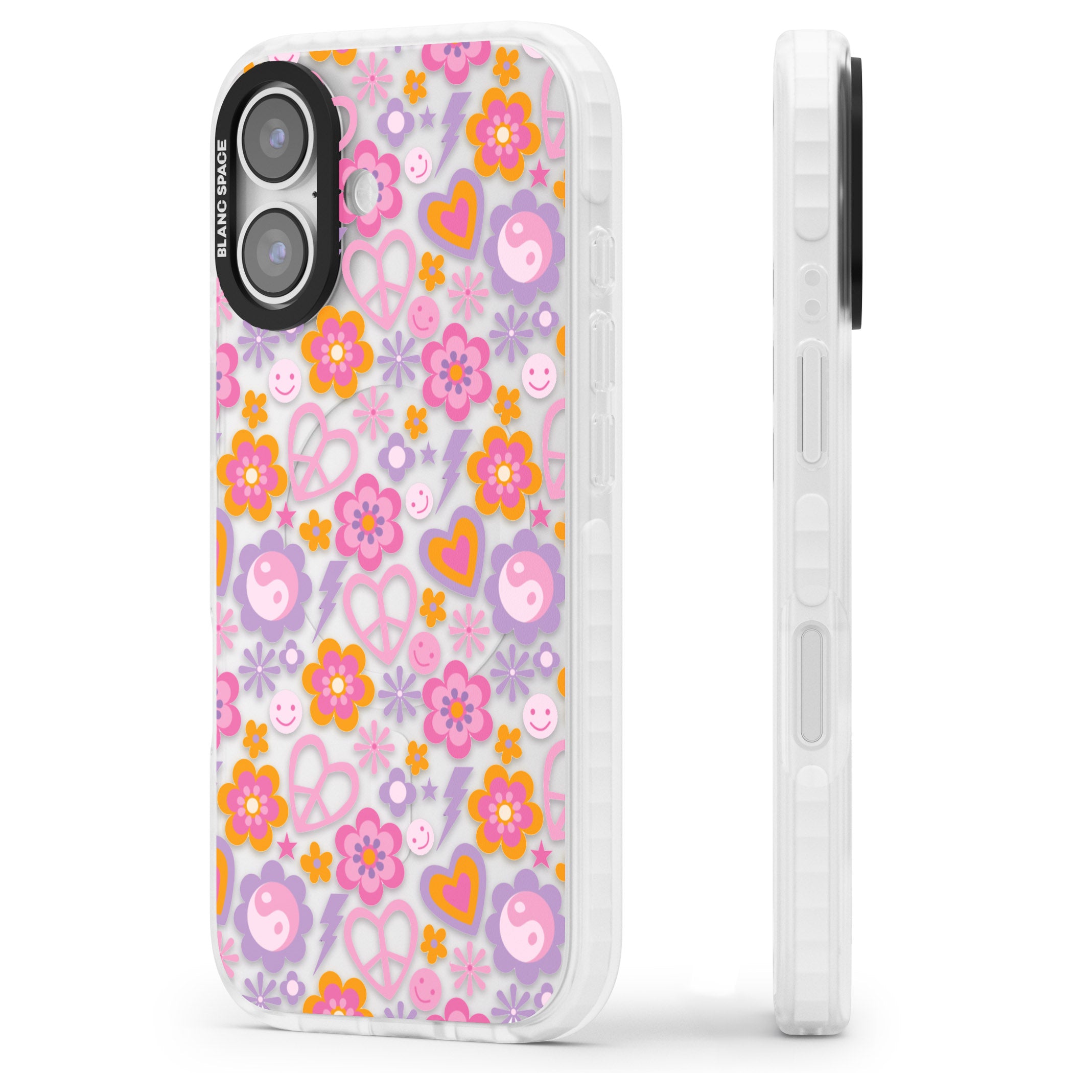 Peace, Love And Flowers Pattern iPhone 17 Impact Clear Phone Case Side Profile