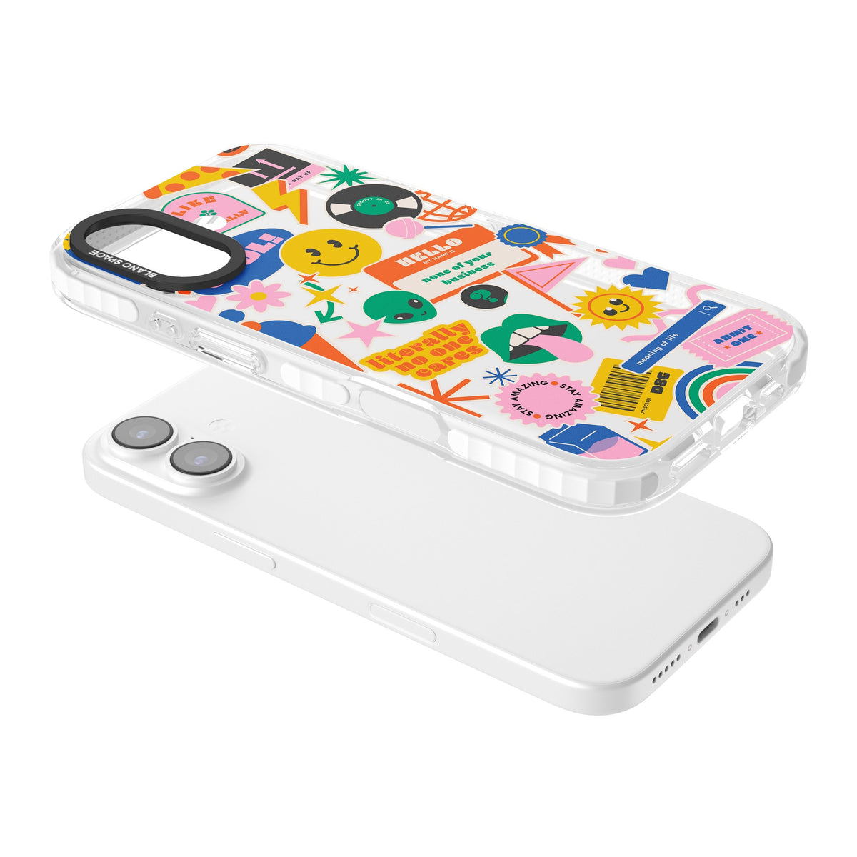 Nostalgic Sticker Vibes iPhone 16 / iPhone 16 Plus / iPhone 17 Impact Clear Phone Case angled