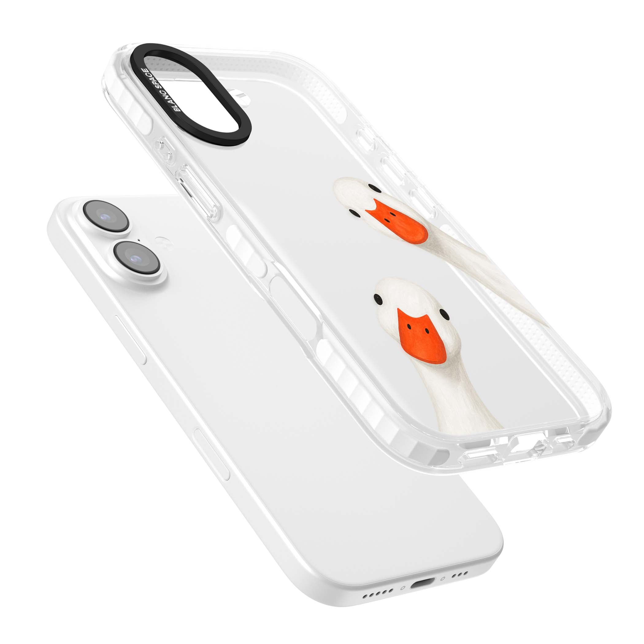 Nosy Ducks cottagecore iPhone case featuring two peeking white ducks with orange beaks on a clear background | Black Impact case for iPhone 17