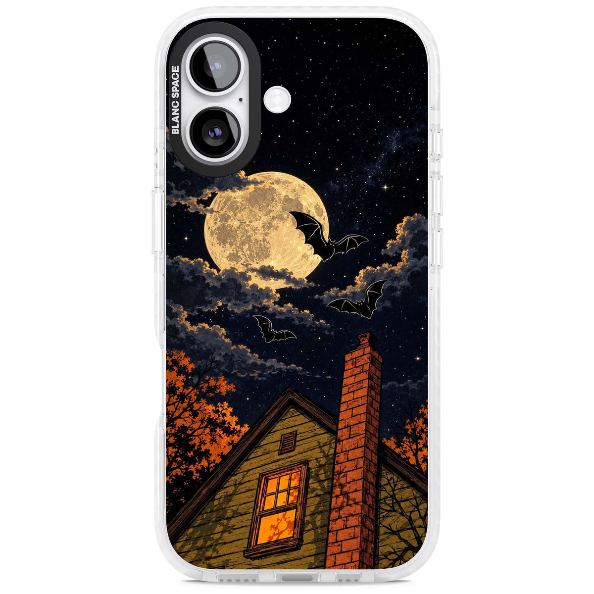 Hollows Eve Halloween iPhone case featuring a haunted house, full moon and flying bats against a starry autumn sky | Black Impact case for iPhone 17