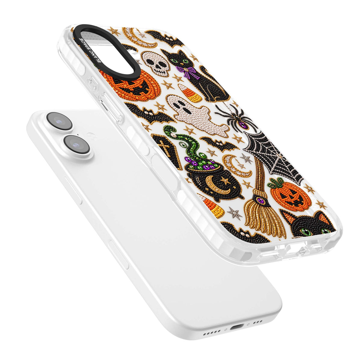 Beaded Halloween Halloween iPhone case featuring beaded pumpkins, ghosts, black cats and bats | Black Impact case for iPhone 17