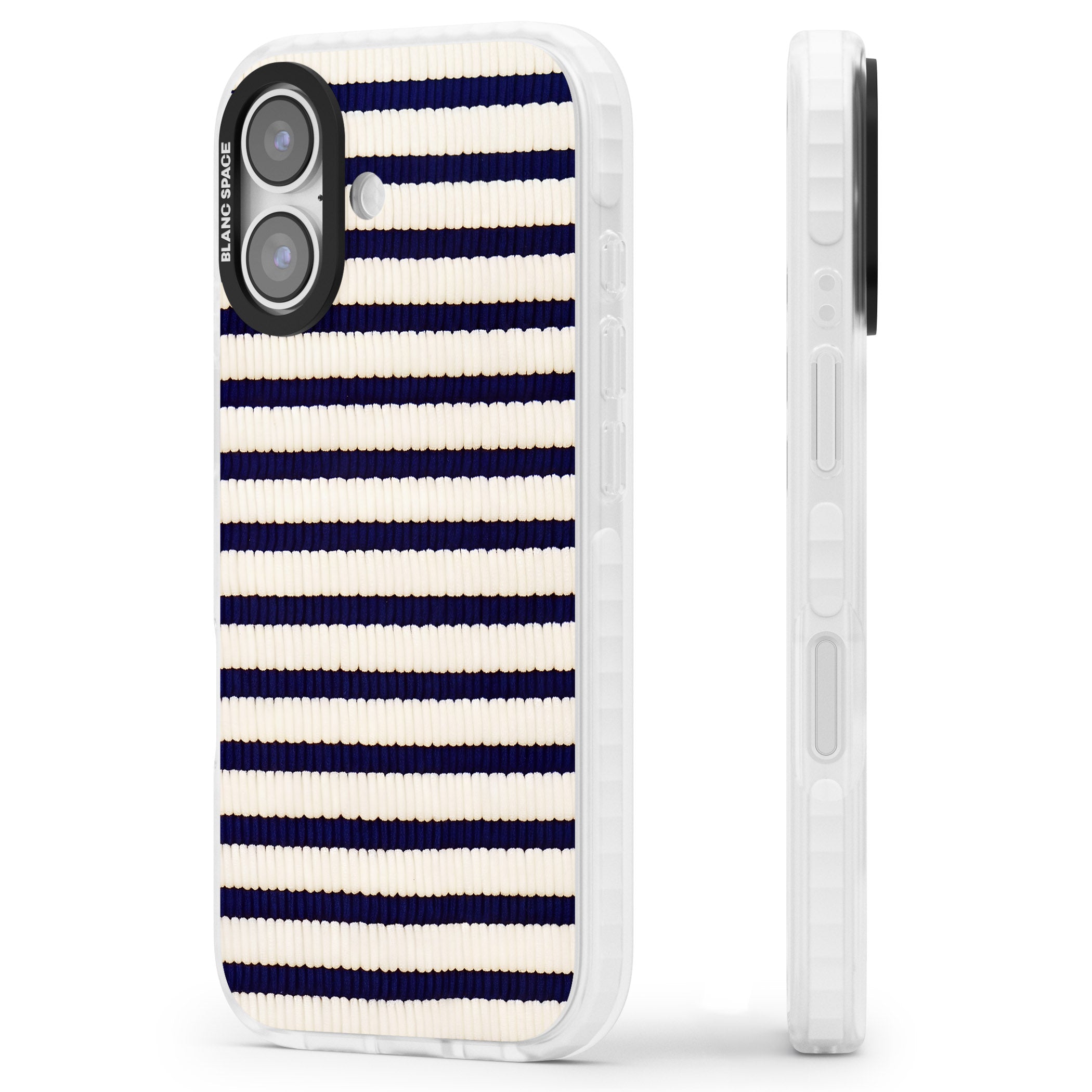 Navy & Cream Stripes iPhone 17 Impact Clear Phone Case Side Profile