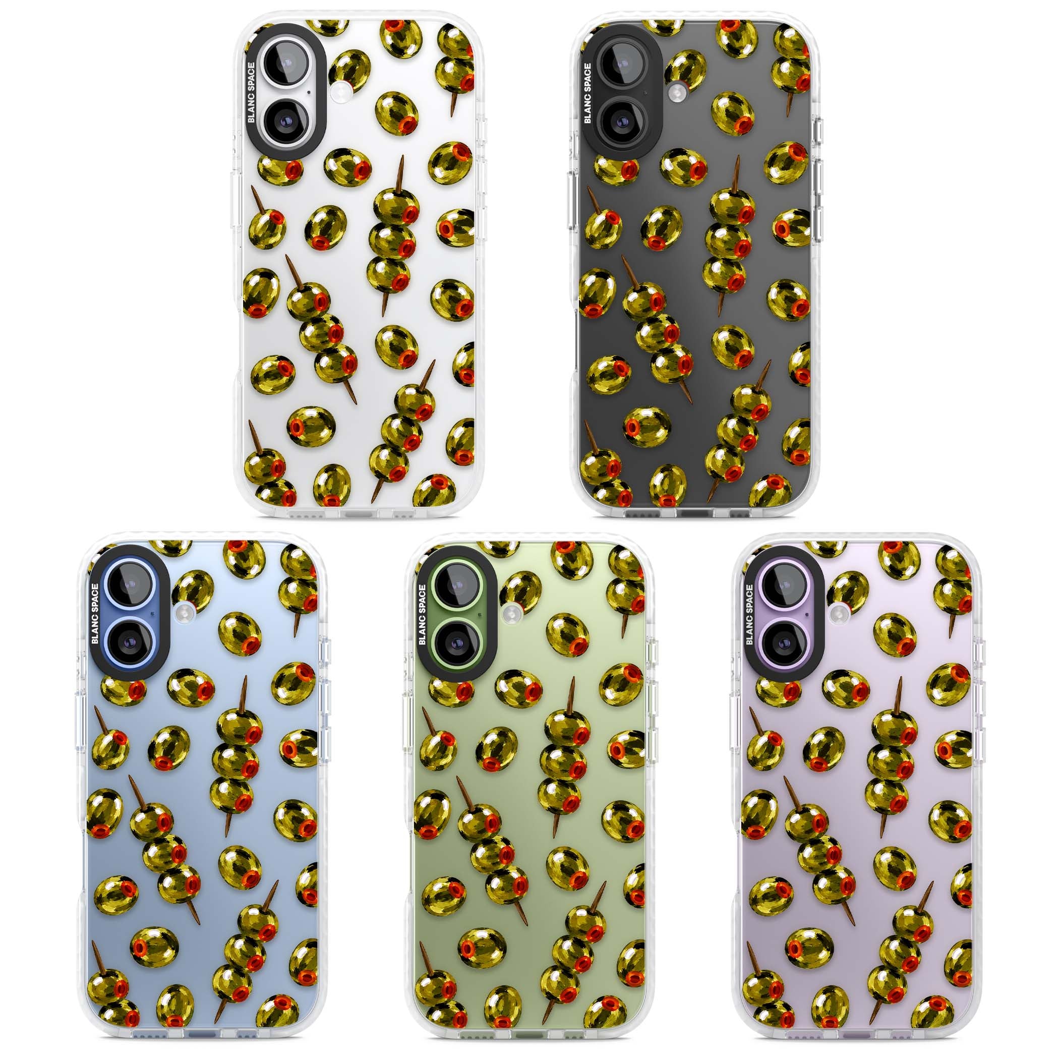 Painted Olives cocktail iPhone case featuring green olives, pimento centres and toothpick skewers on a clear background | Black Impact case for iPhone 17