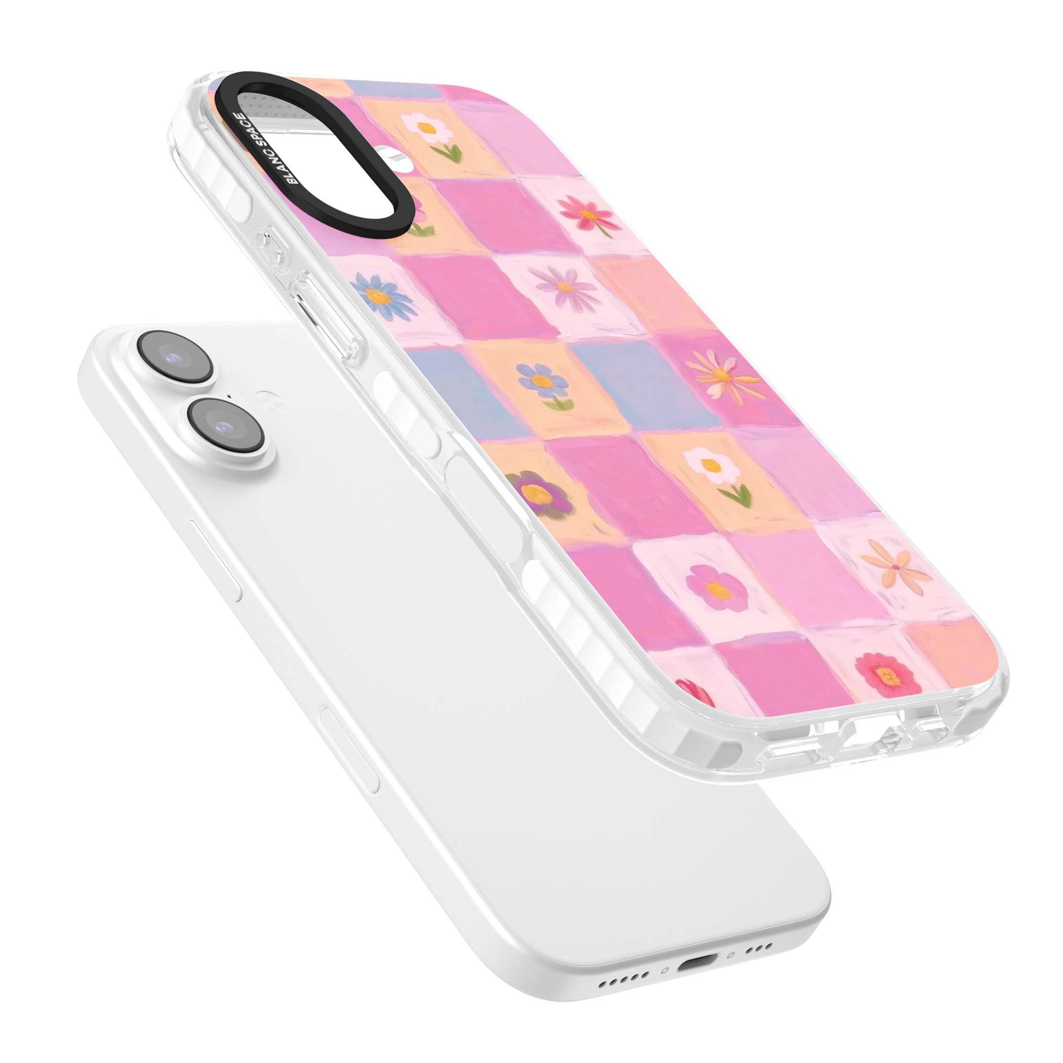 Pastel Flower Patchwork cottagecore iPhone case featuring painted pink and lilac squares with daisies and wildflowers | Black Impact case for iPhone 17