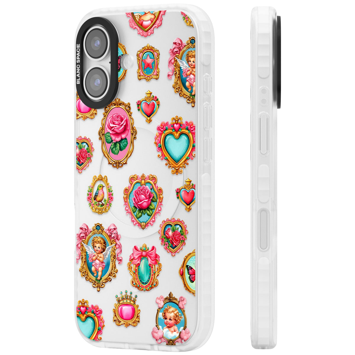 Angelcore Hearts Frames iPhone 16 / iPhone 16 Plus / iPhone 17 Impact Clear Phone Case side