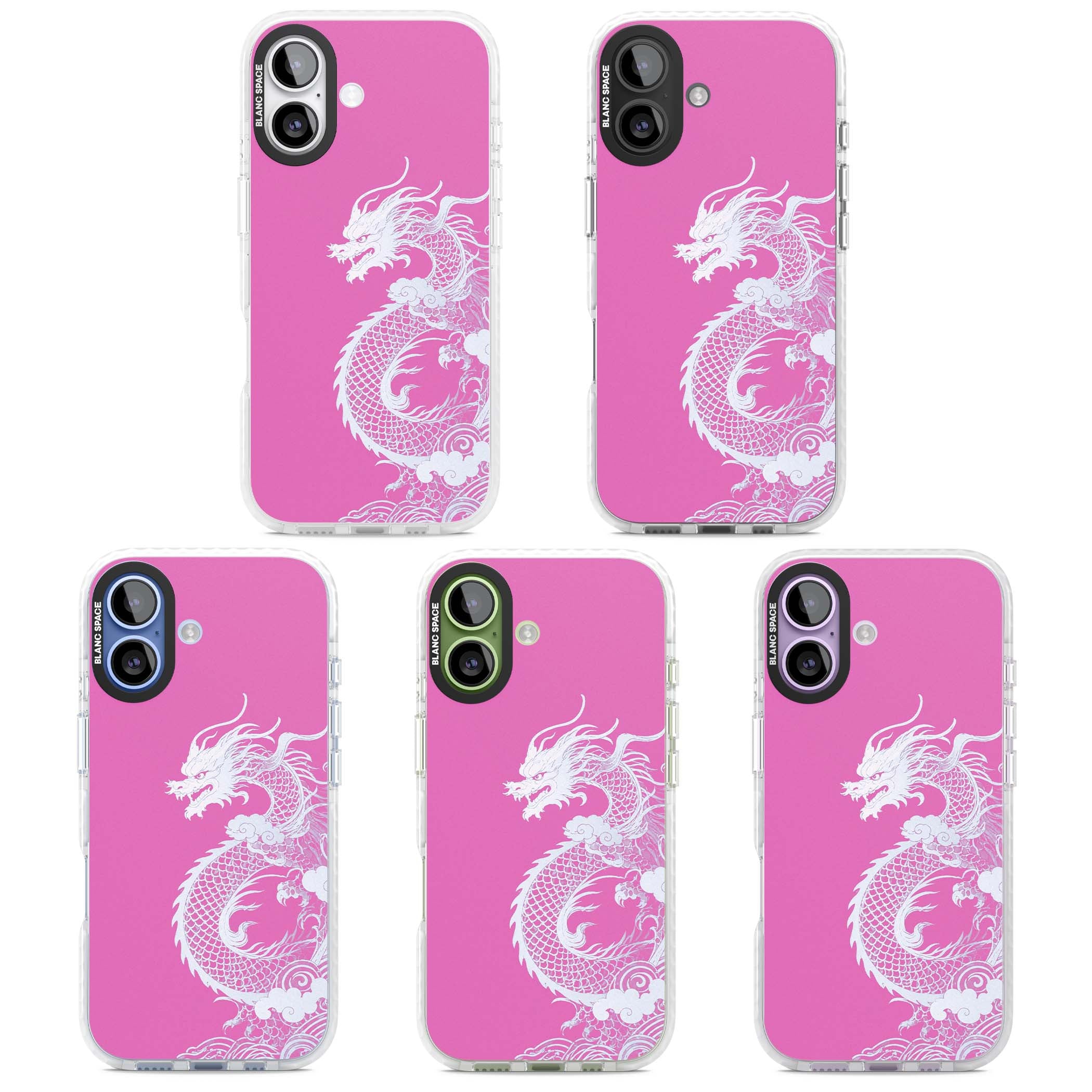 Pink Empress chinese dragon iPhone case featuring a white dragon, swirling clouds and pink dragon wallpaper backdrop | Black Impact case for iPhone 17