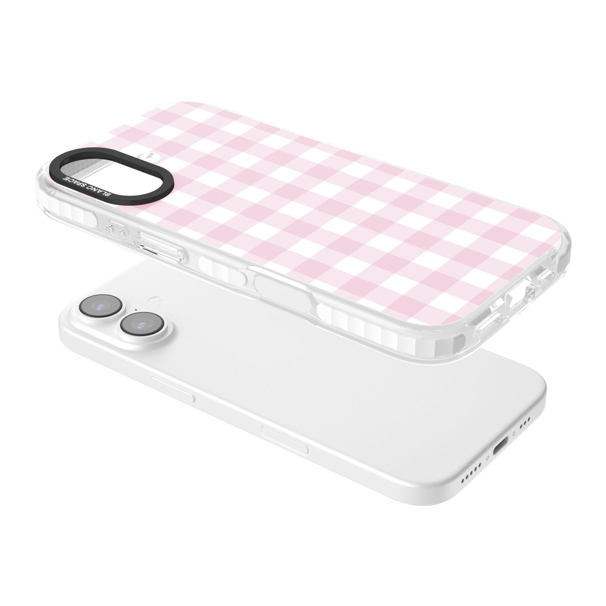 Pink Gingham iPhone 16 / iPhone 16 Plus / iPhone 17 Impact Clear Phone Case angled