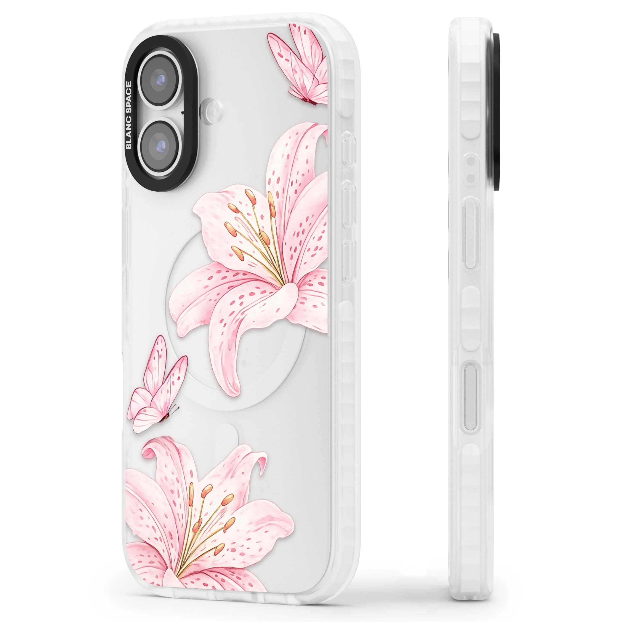 Lily Whisper floral iPhone case featuring pink watercolour lilies and delicate butterflies on a clear background | Black Impact case for iPhone 17