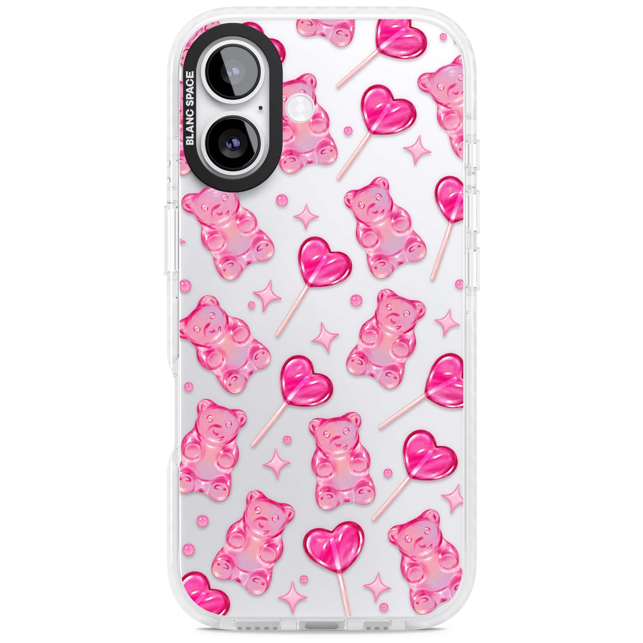 Pink Sugar pinkcore iPhone case featuring pink gummy bears, heart-shaped lollipops and sparkle stars | Black Impact case for iPhone 17