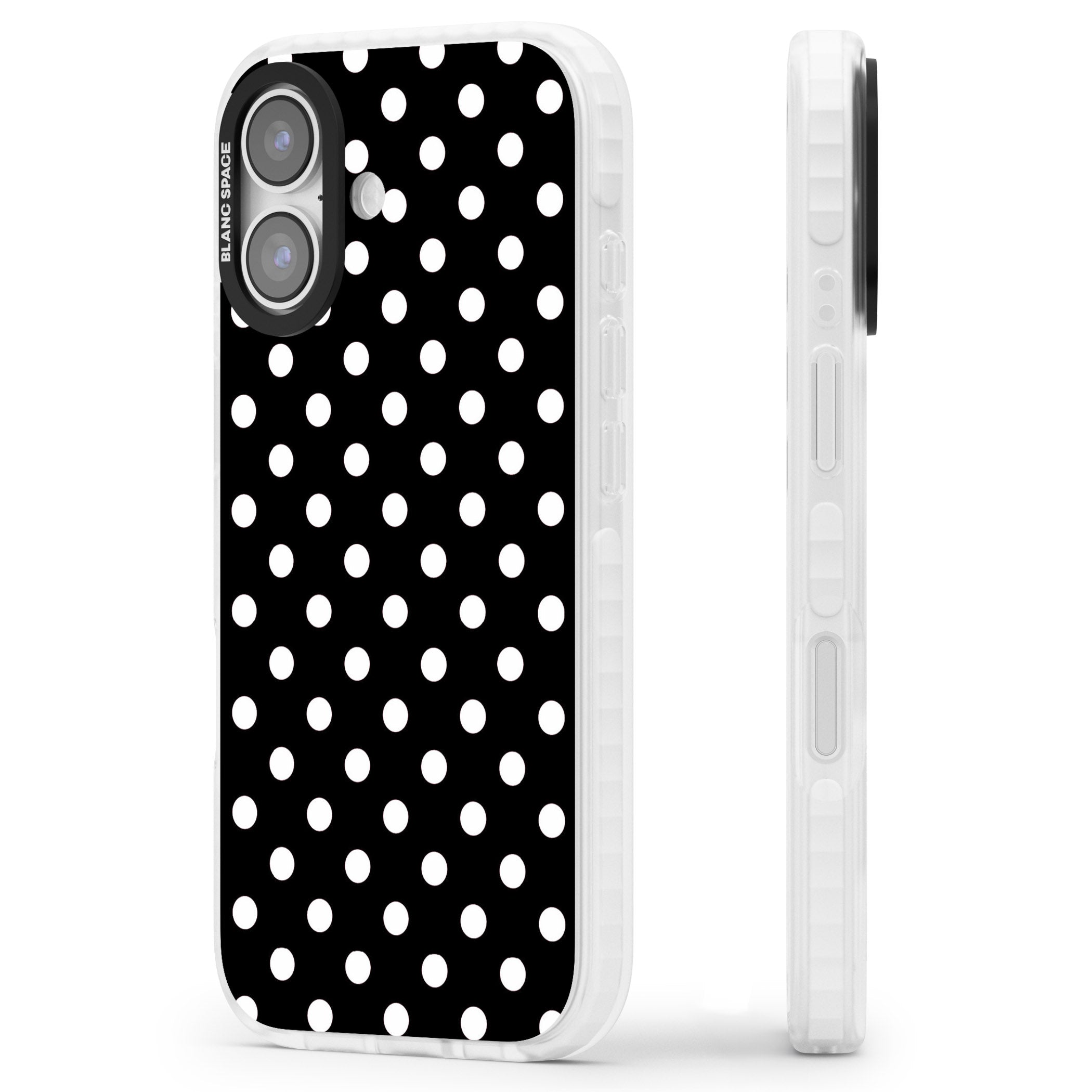 Designer Chic Black Polka Dot iPhone 17 Impact Clear Phone Case Side Profile