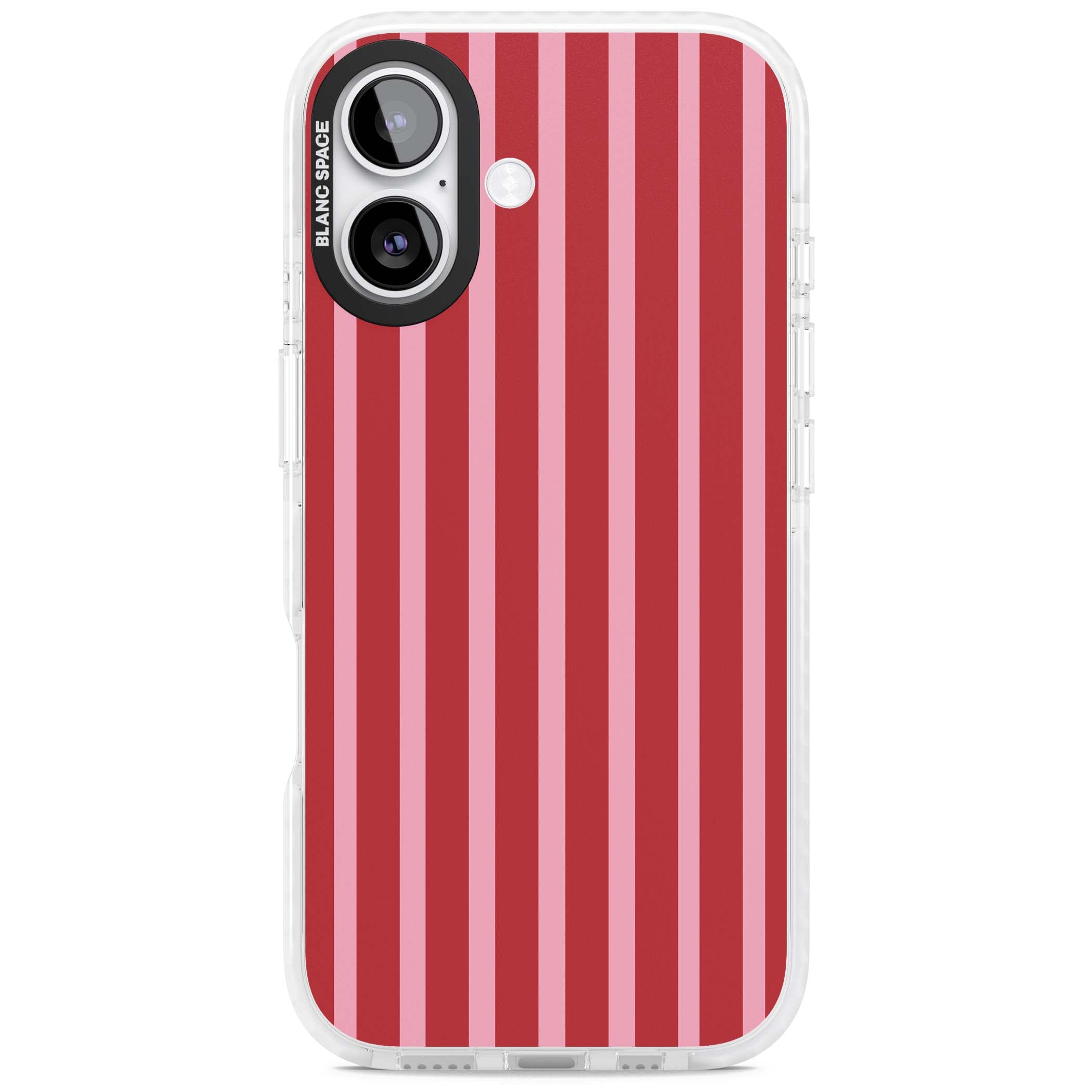 Raspberry Stripe coquette iPhone case featuring red and pink vertical stripes in a candy-inspired pattern | Black Impact case for iPhone 17