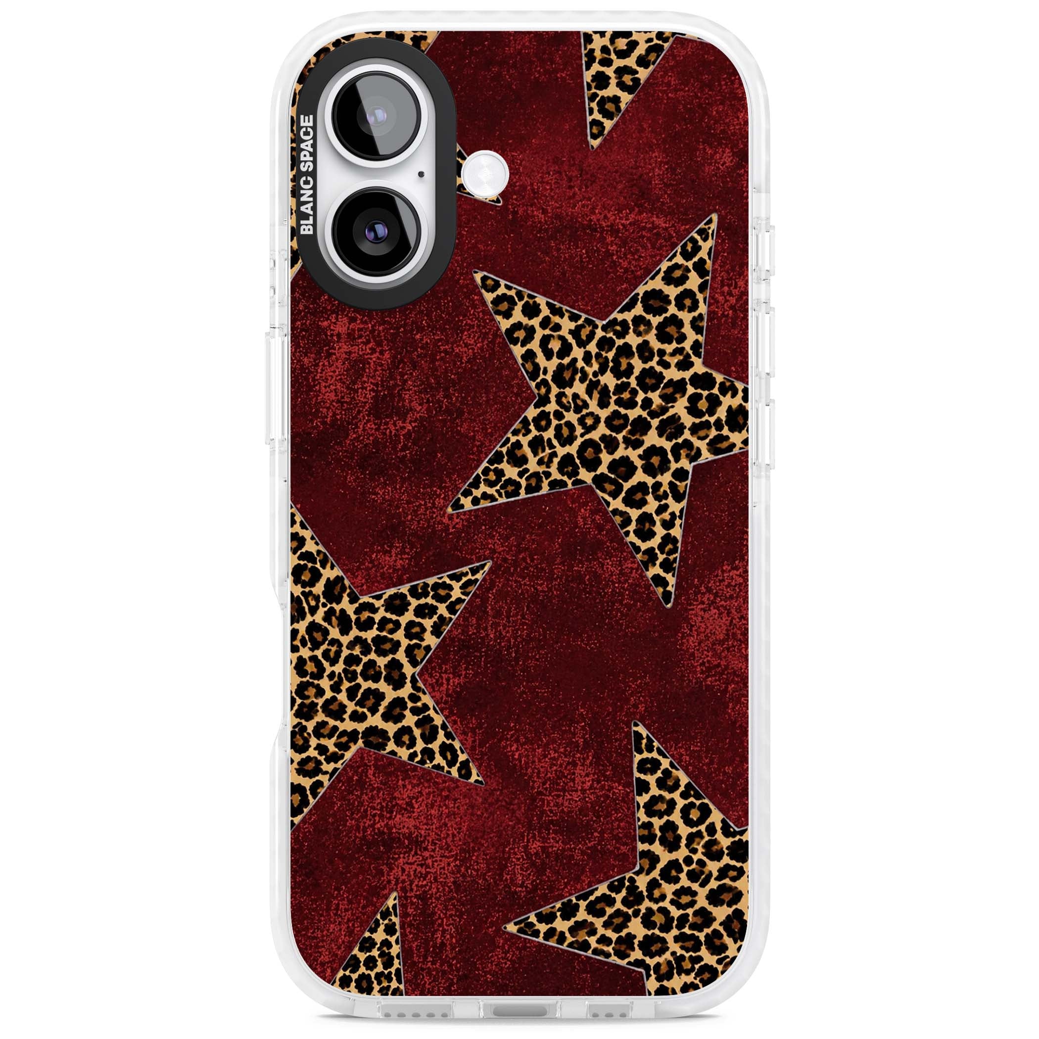 Showgirl leopard print iPhone case featuring cheetah print stars on distressed red grunge background | Black Impact case for iPhone 17