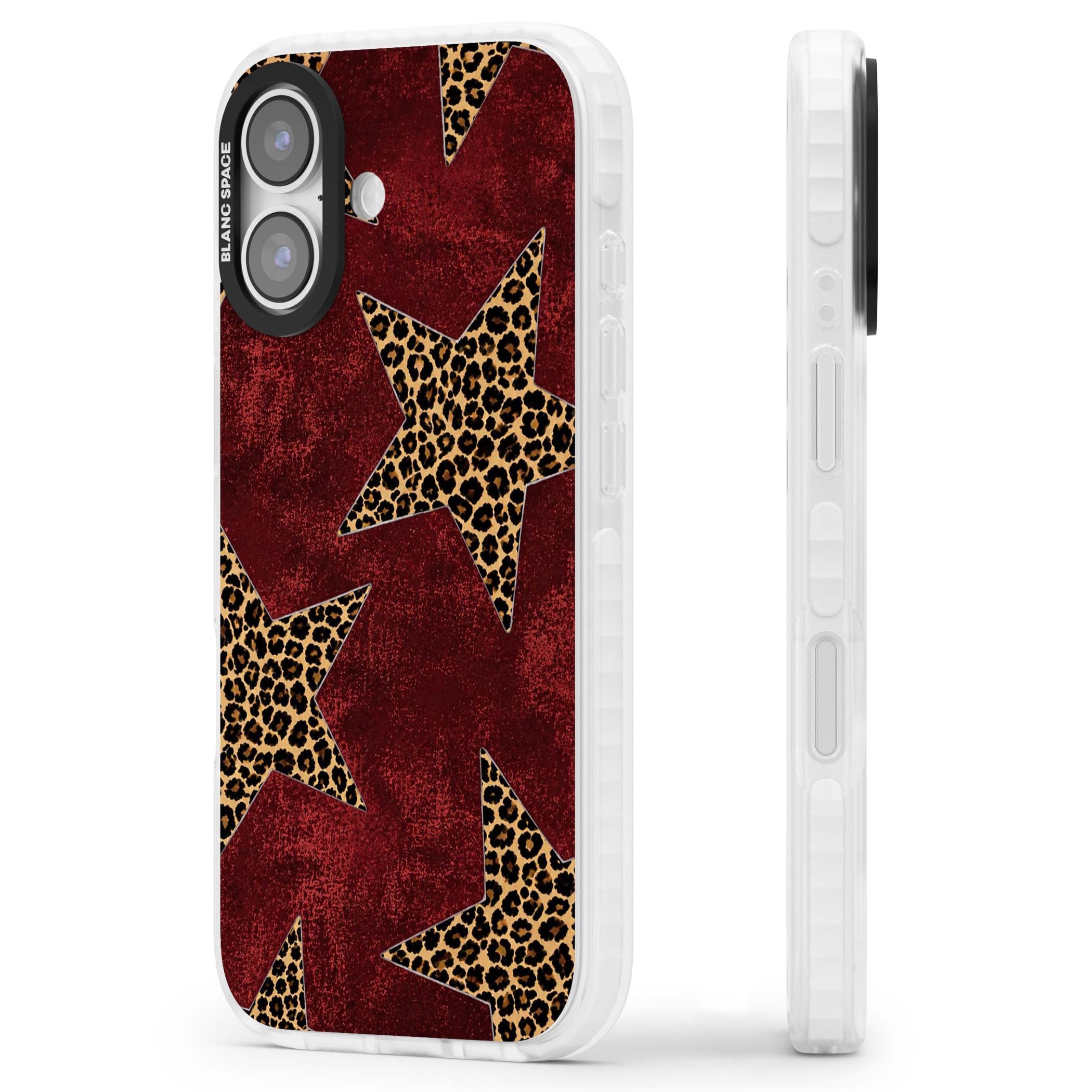 Showgirl leopard print iPhone case featuring cheetah print stars on distressed red grunge background | Black Impact case for iPhone 17