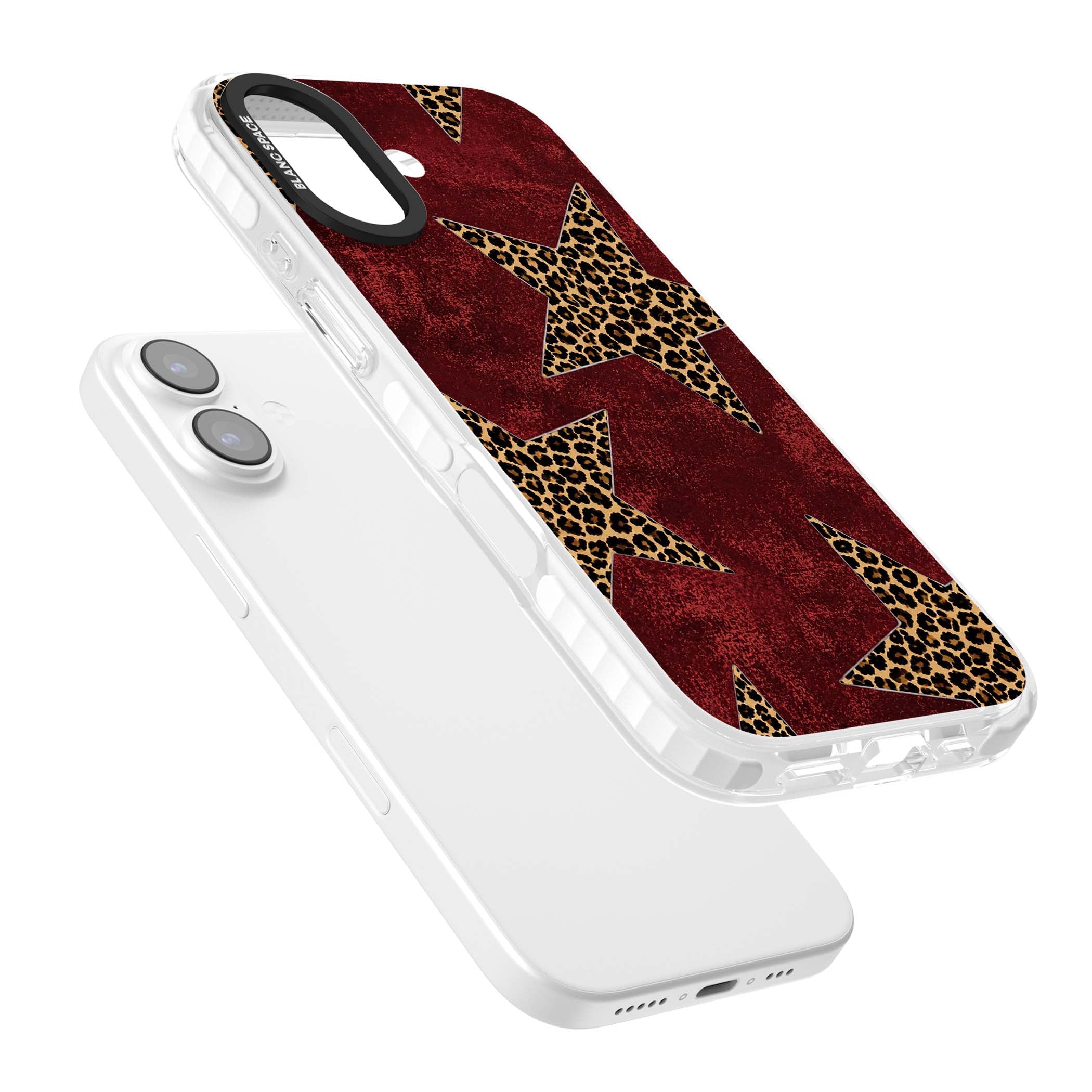 Showgirl leopard print iPhone case featuring cheetah print stars on distressed red grunge background | Black Impact case for iPhone 17