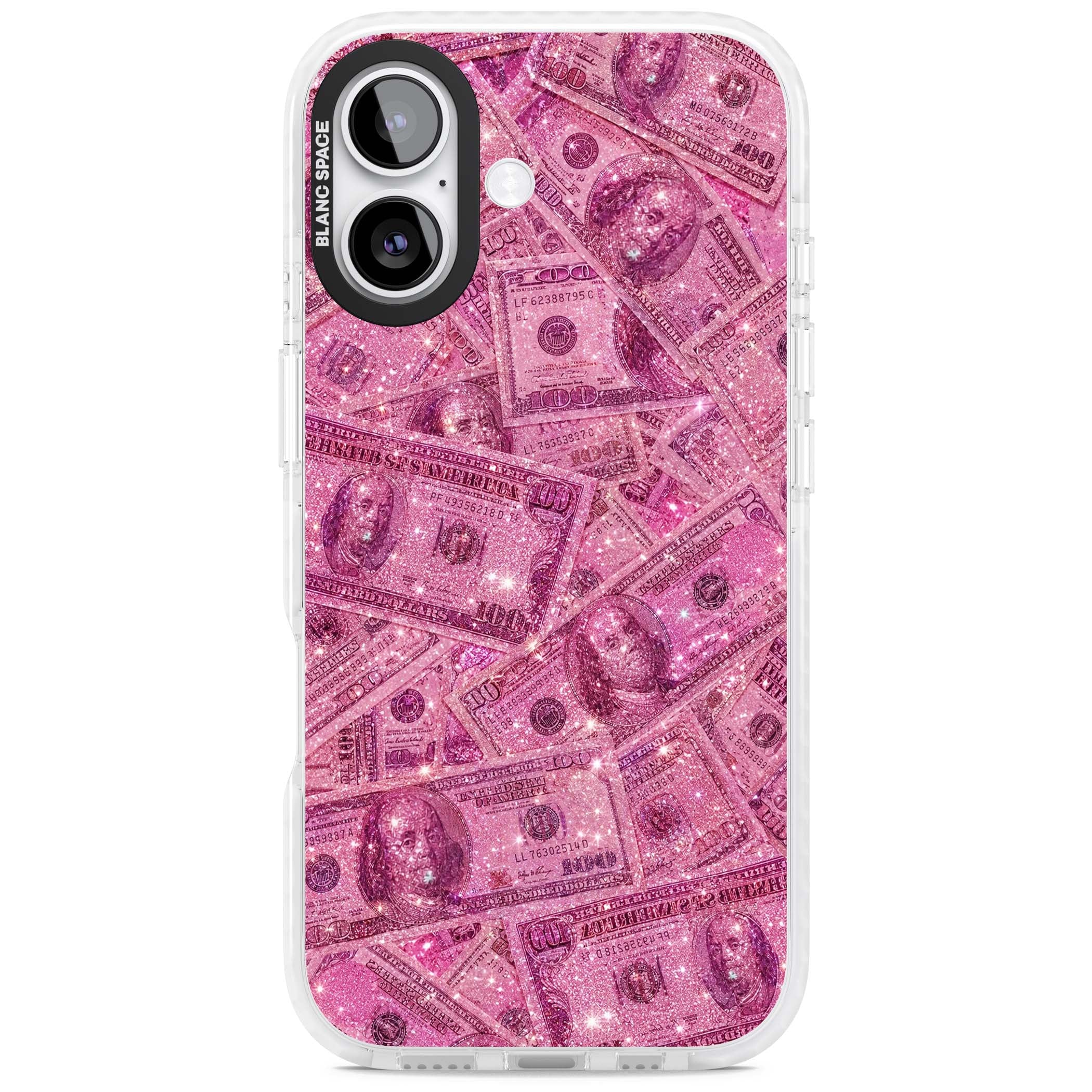 Glamorous baddie iPhone case featuring pink glitter hundred dollar bills and sparkling money wallpaper design | Black Impact case for iPhone 17