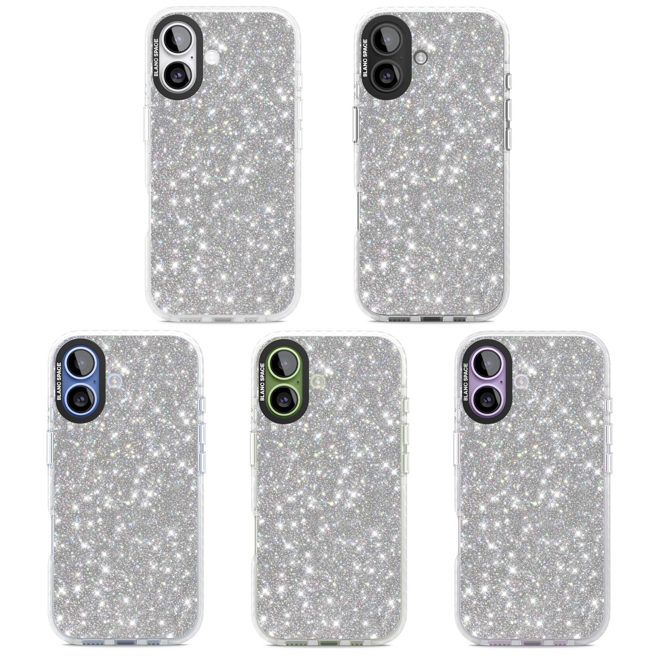 Diamond glam iPhone case featuring silver glitter sparkle and shimmering diamond dust effect | Black Impact case for iPhone 17