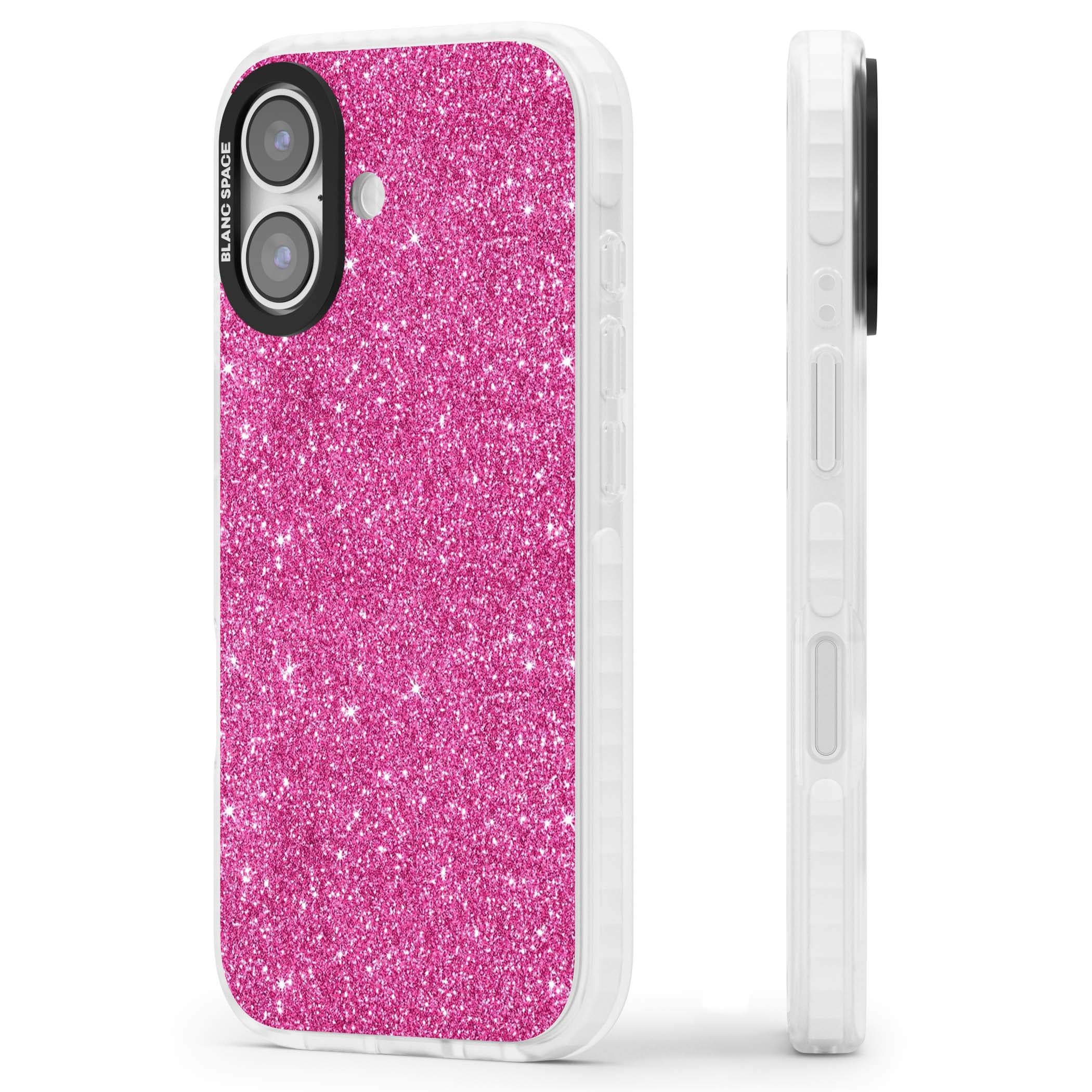 Pink Glitter Y2K iPhone case featuring hot pink glitter wallpaper with sparkle shimmer effect | Black Impact case for iPhone 17