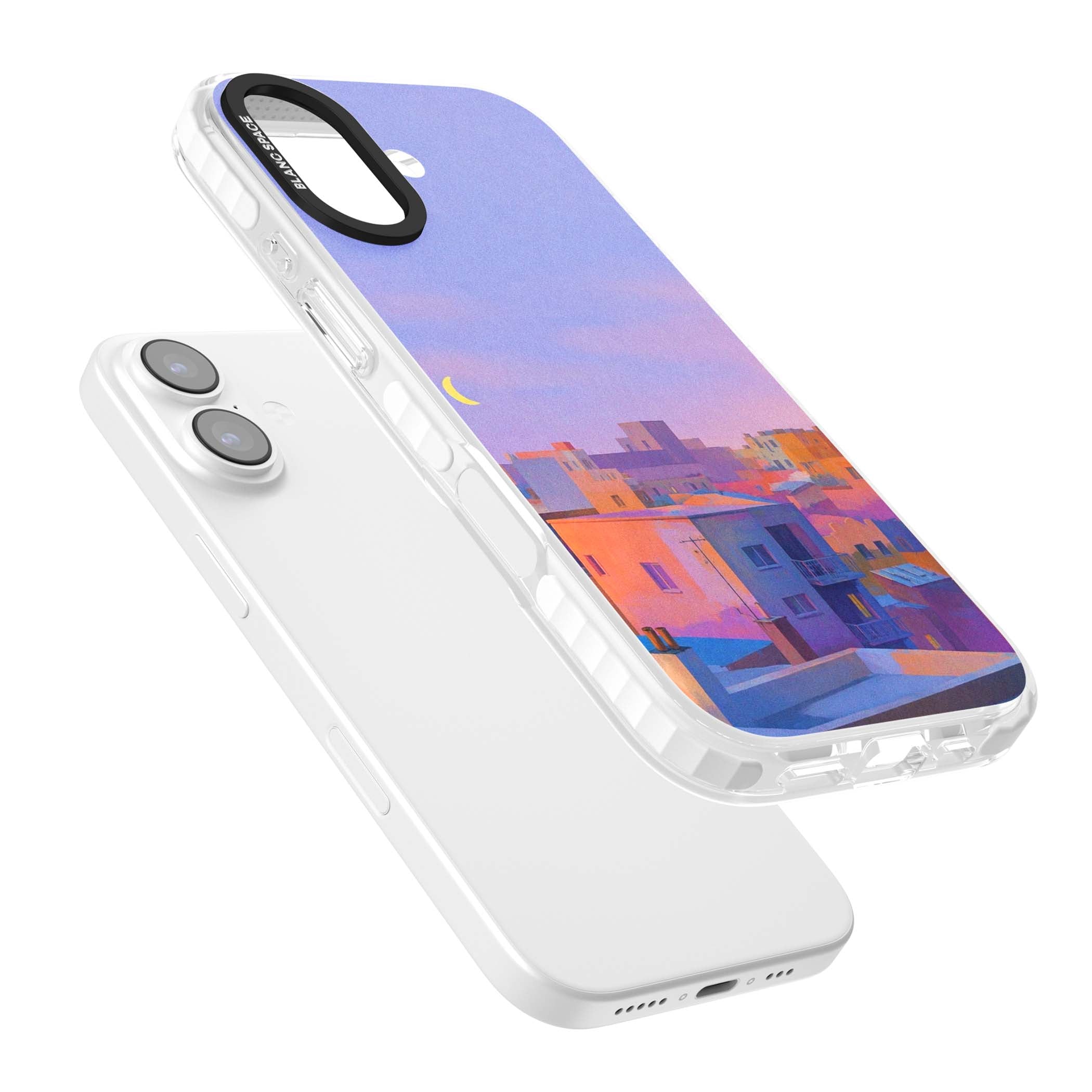 Twilight Rooftops vaporwave iPhone case featuring a pastel sunset cityscape, painted rooftops and a crescent moon. | Black Impact case for iPhone 17
