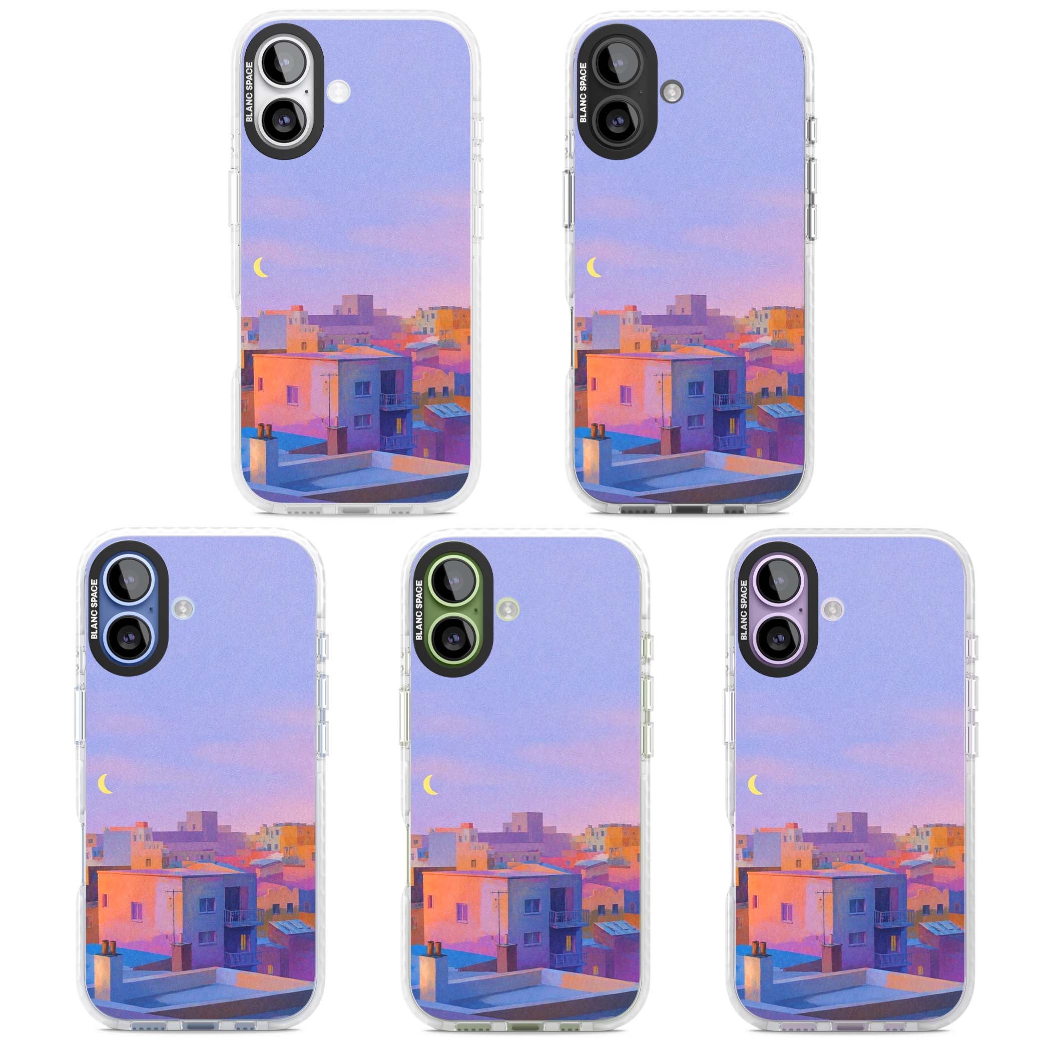 Twilight Rooftops vaporwave iPhone case featuring a pastel sunset cityscape, painted rooftops and a crescent moon. | Black Impact case for iPhone 17