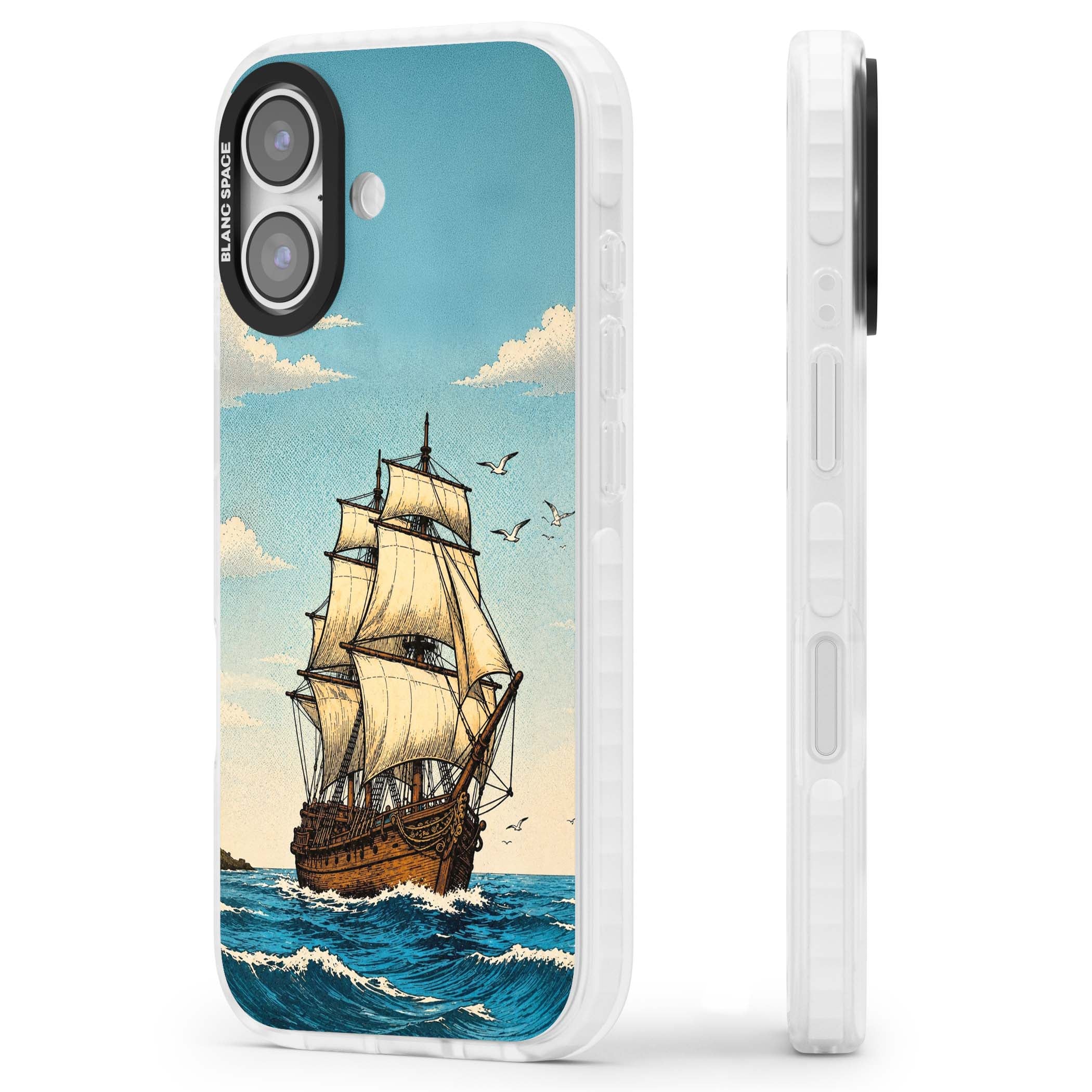 Ship at Sea nautical iPhone case featuring a vintage tall ship, ocean waves and seagulls | Black Impact case for iPhone 17