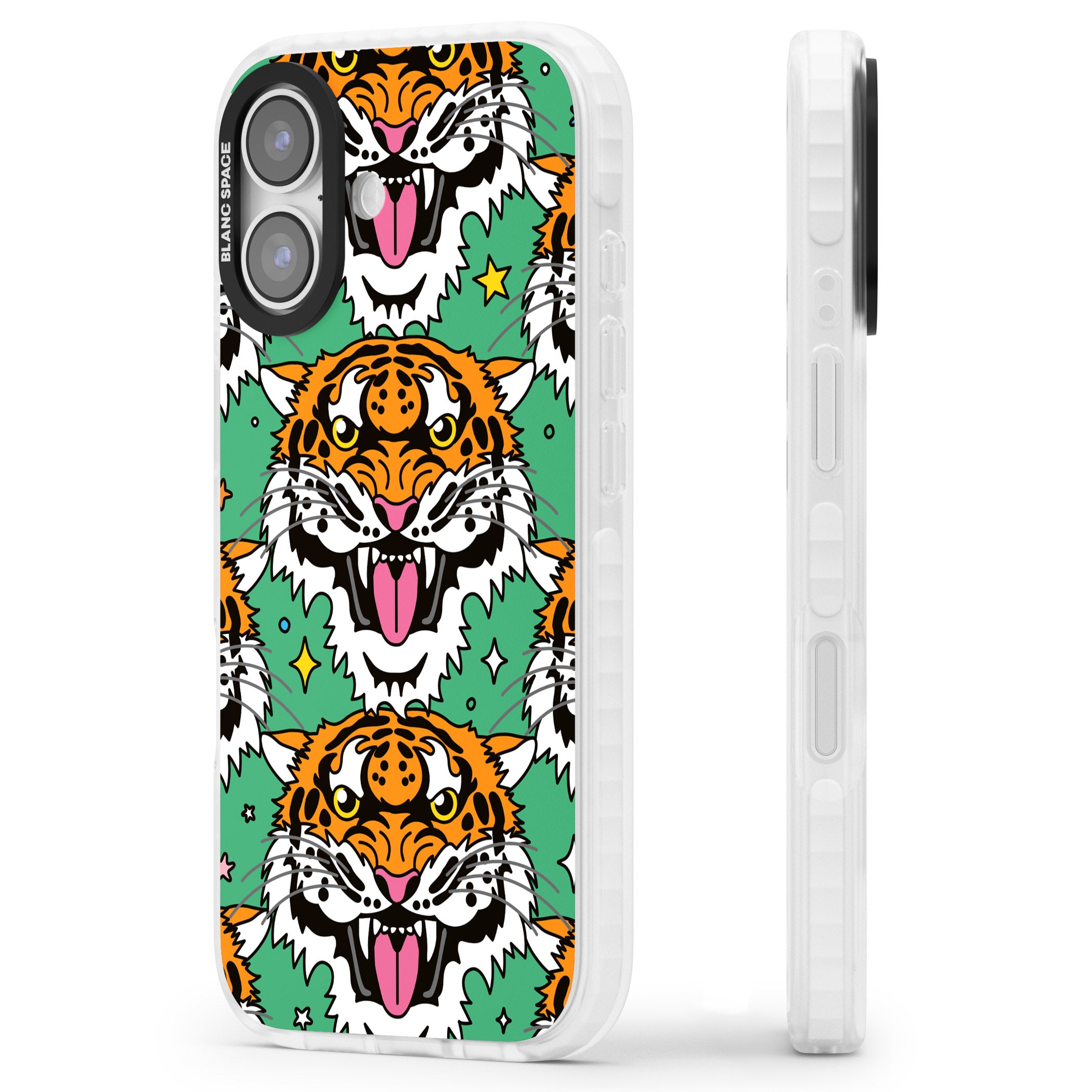 Fierce Jungle Tigers (Green) iPhone 17 Impact Clear Phone Case Side Profile