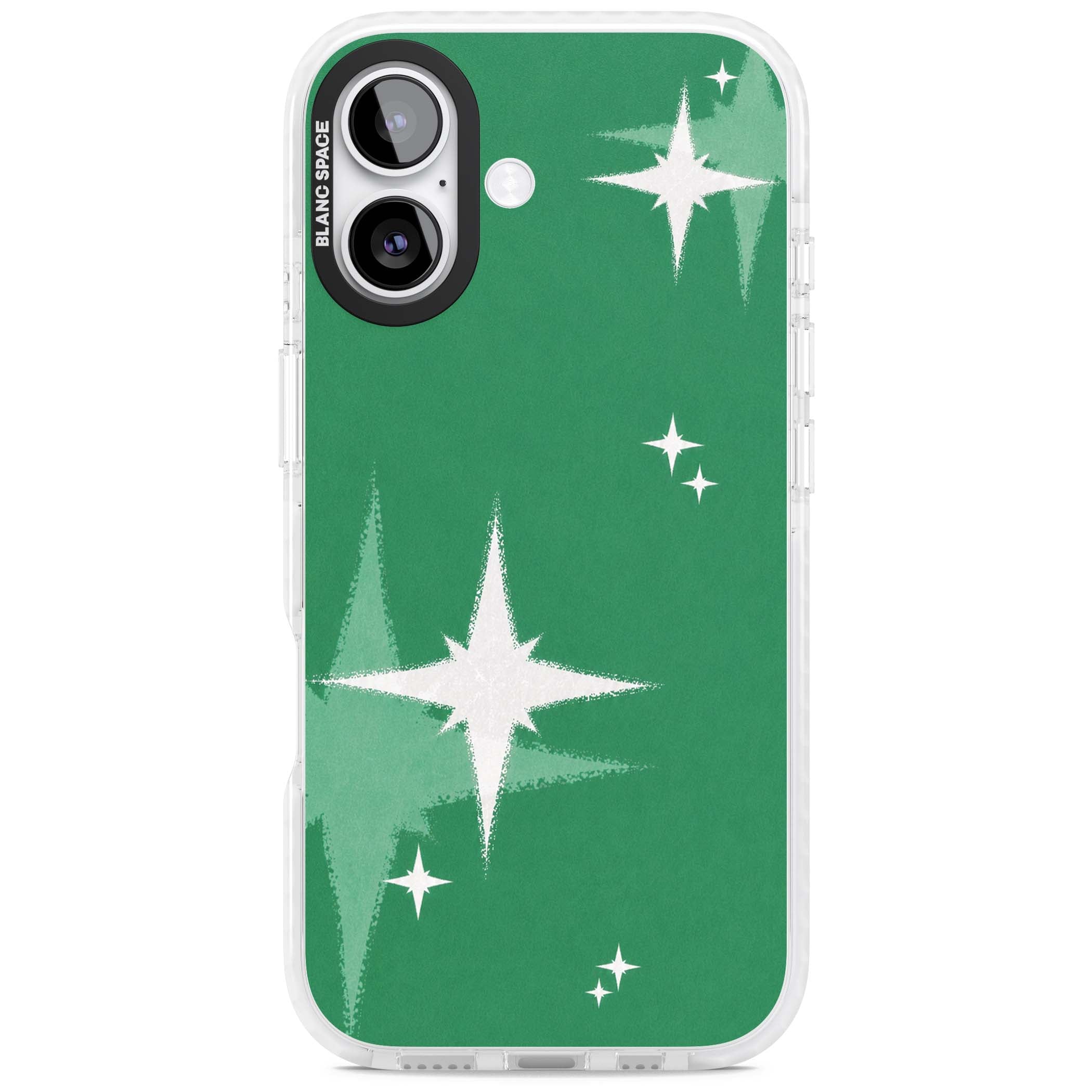 Green Sparkle celestial iPhone case featuring sparkling white four-point stars on a deep green background | Black Impact case for iPhone 17