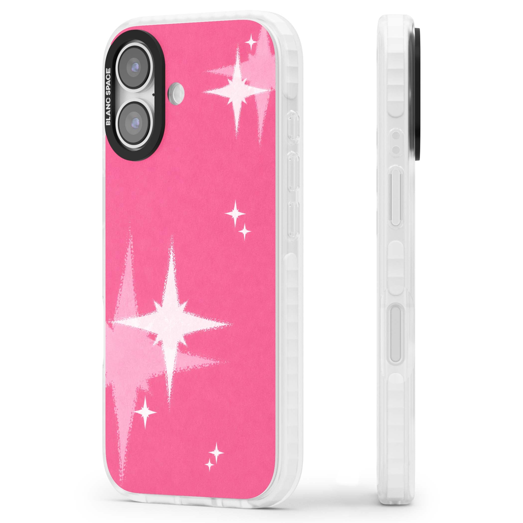 Pink Sparkle Y2K iPhone case featuring hot pink background with shimmering white starburst pattern | Black Impact case for iPhone 17