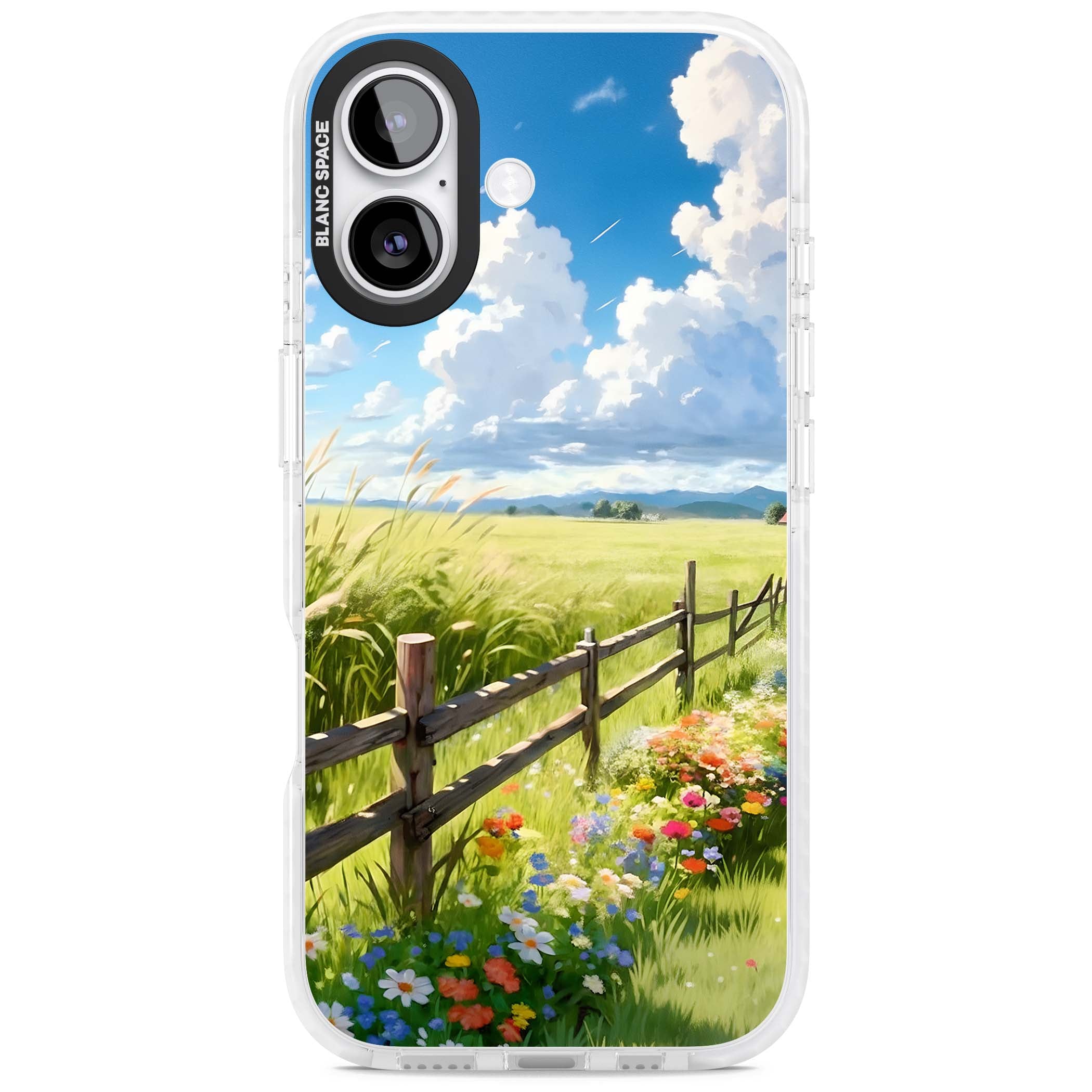 A Countryside Afternoon cottagecore iPhone case featuring a painted countryside meadow, wooden fence, and wildflowers beneath | Black Impact case for iPhone 17