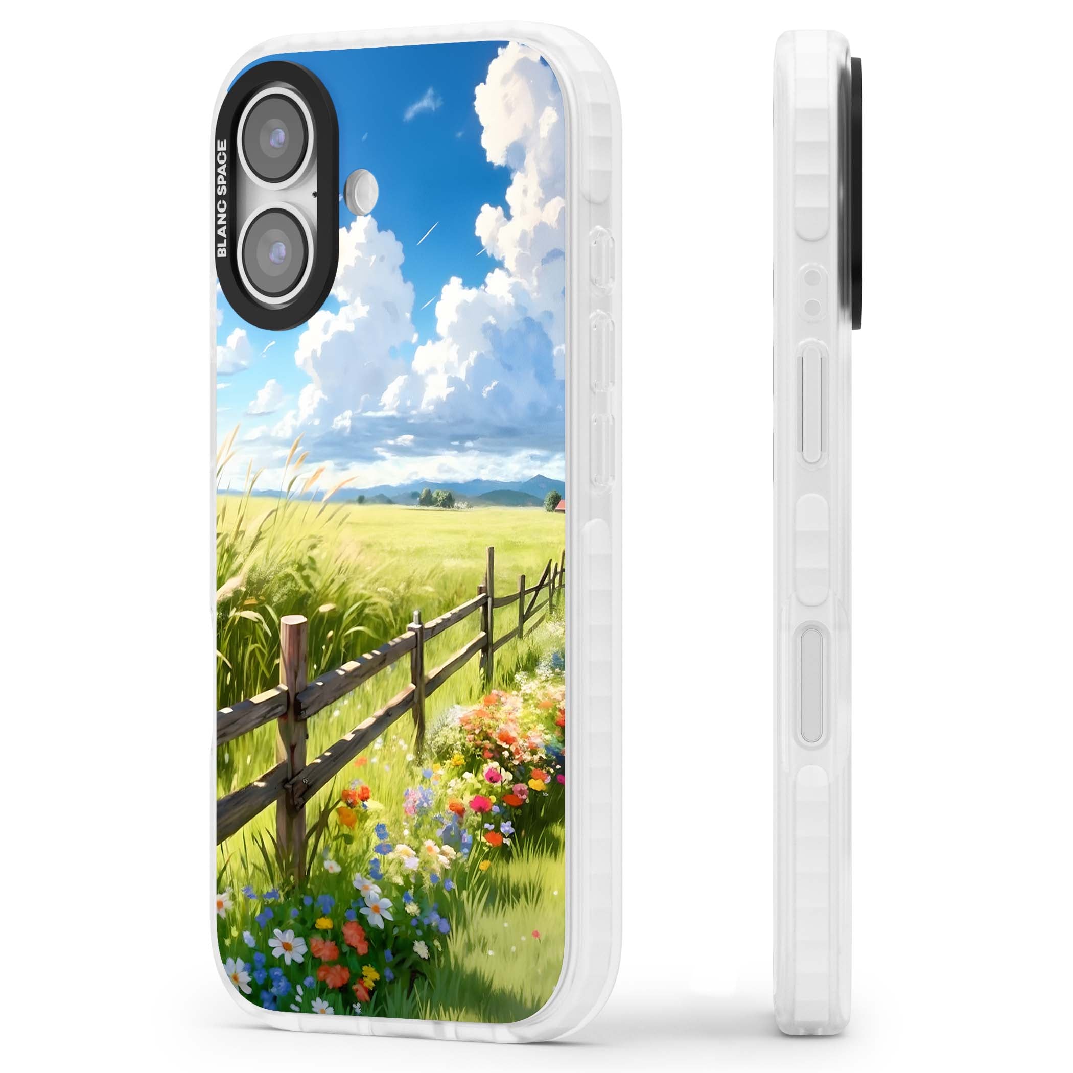 A Countryside Afternoon cottagecore iPhone case featuring a painted countryside meadow, wooden fence, and wildflowers beneath | Black Impact case for iPhone 17